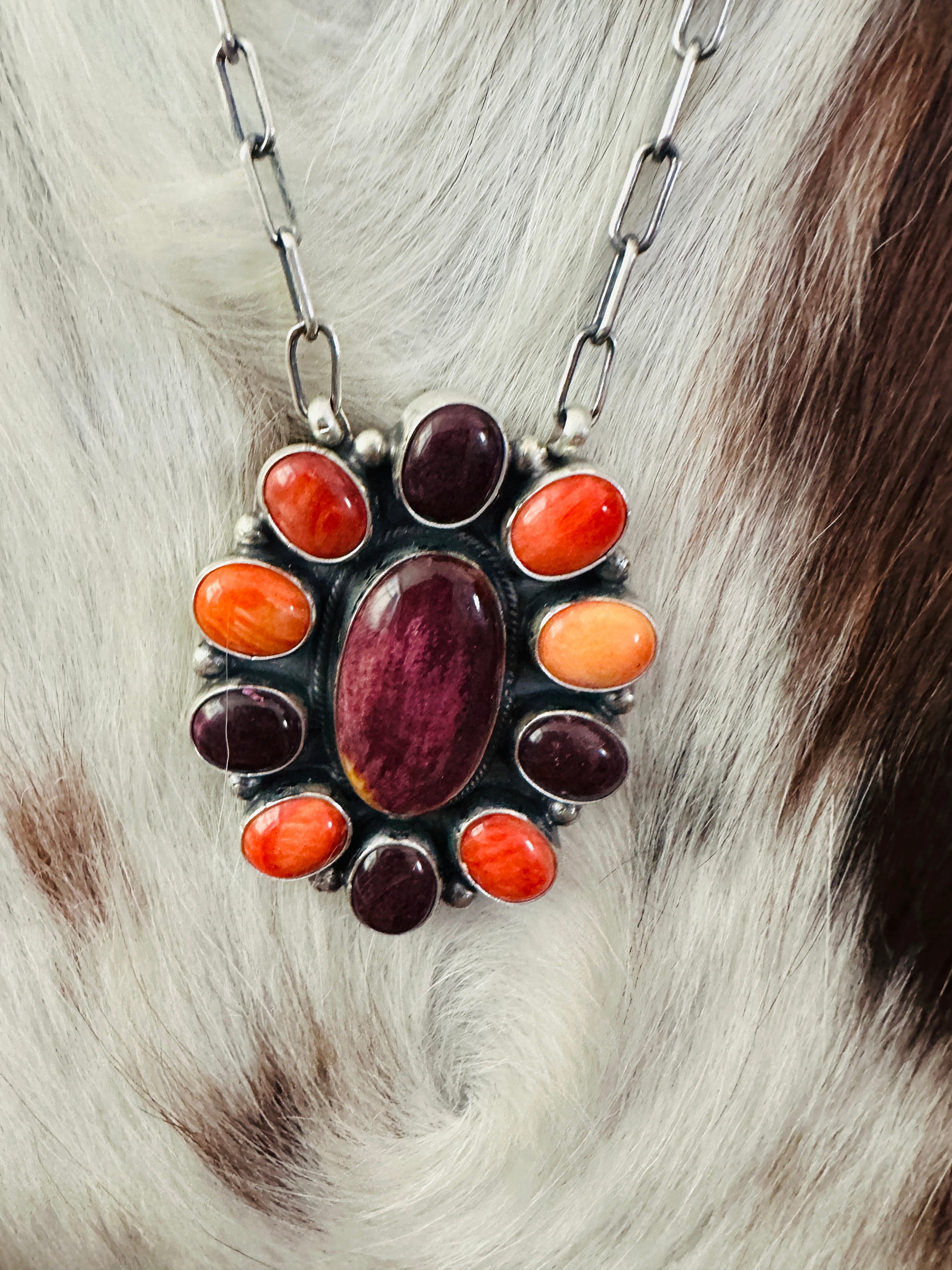 Handcrafted Multicolor Spiny Oyster & Sterling Silver Cluster Necklace by Sheila Becenti