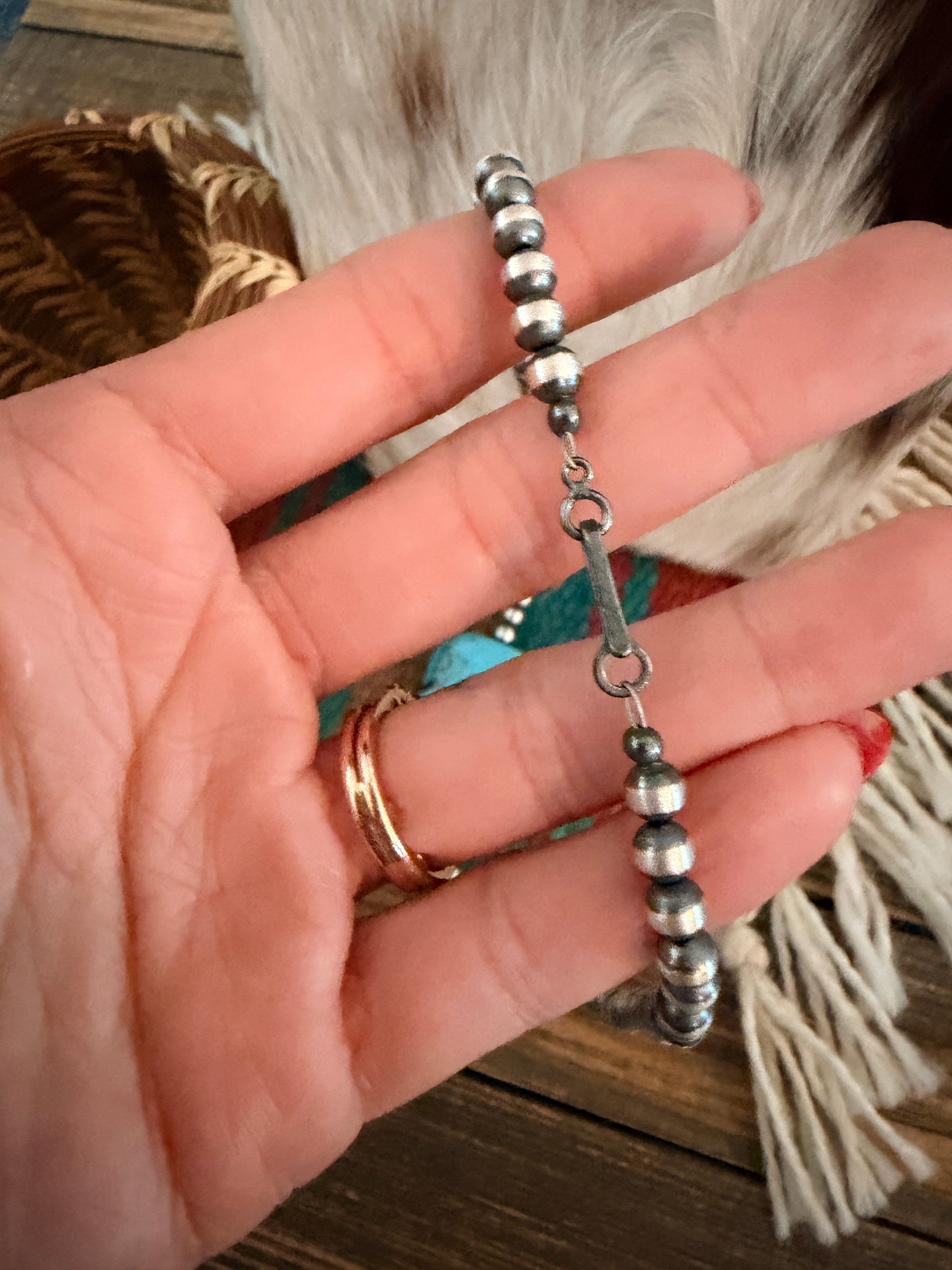 Handcrafted Kingman Turquoise & Sterling Silver Pearl 16” Beaded Necklace