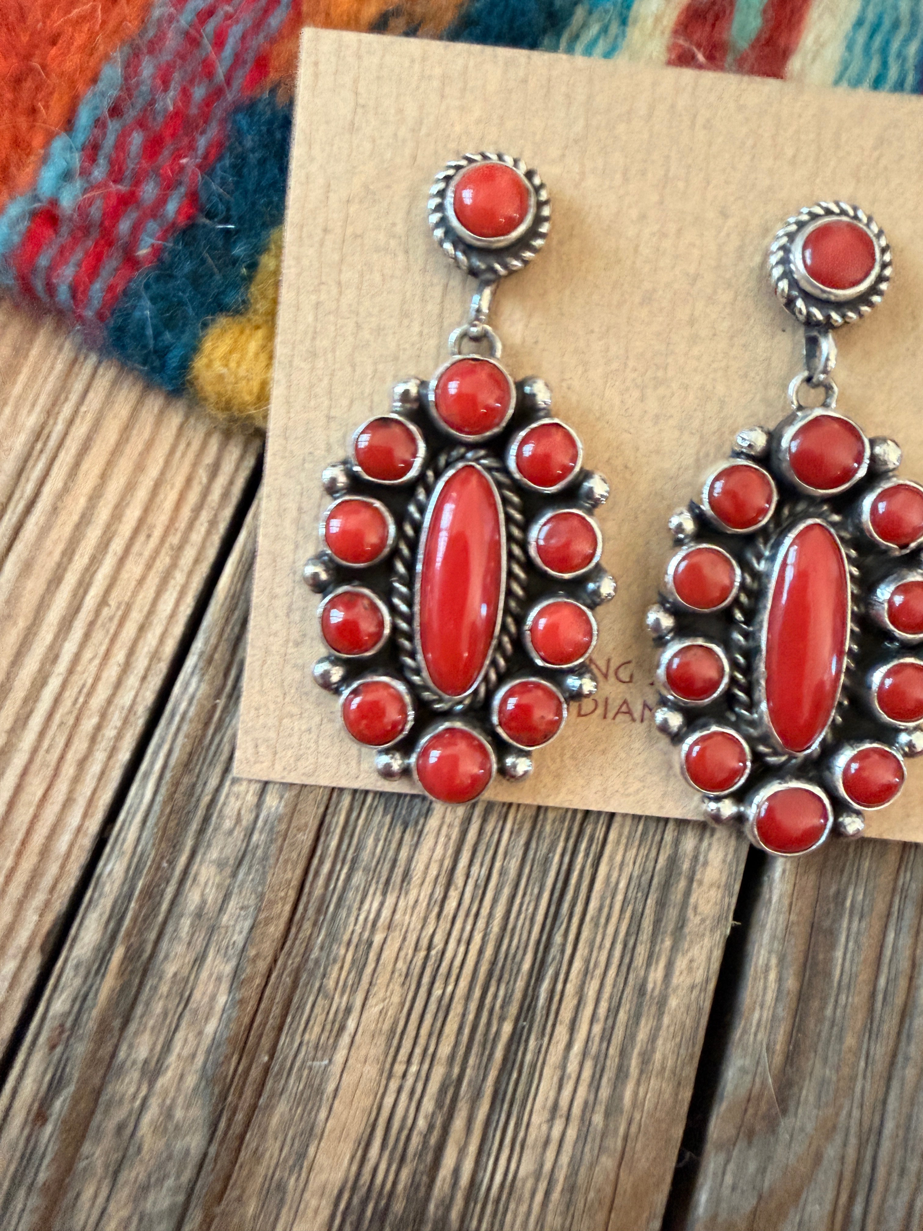 Handcrafted Coral & Sterling Silver Cluster Dangle Earrings