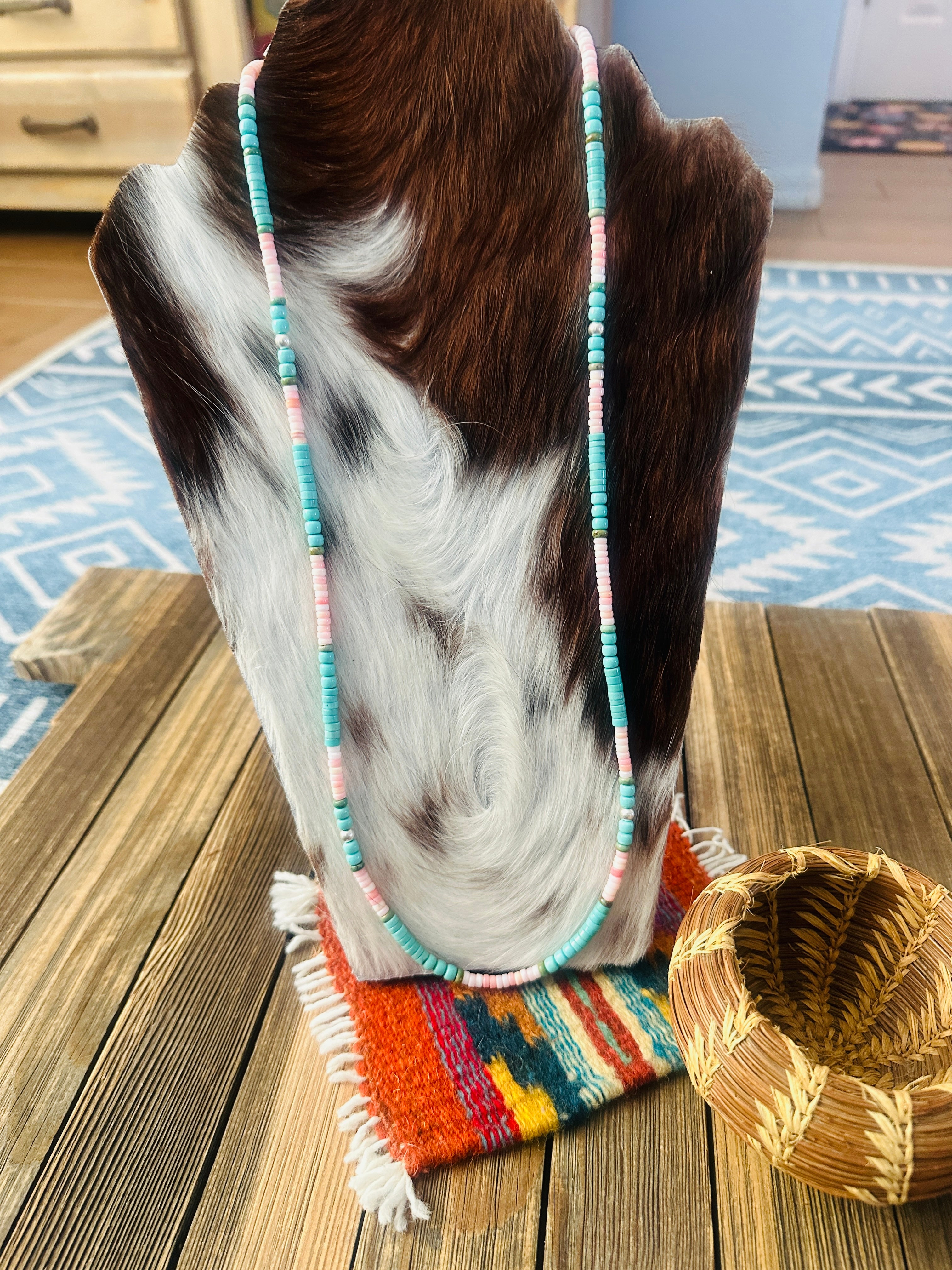 Handcrafted Turquoise, Queen Pink Conch & Sterling Silver 30” Beaded Necklace