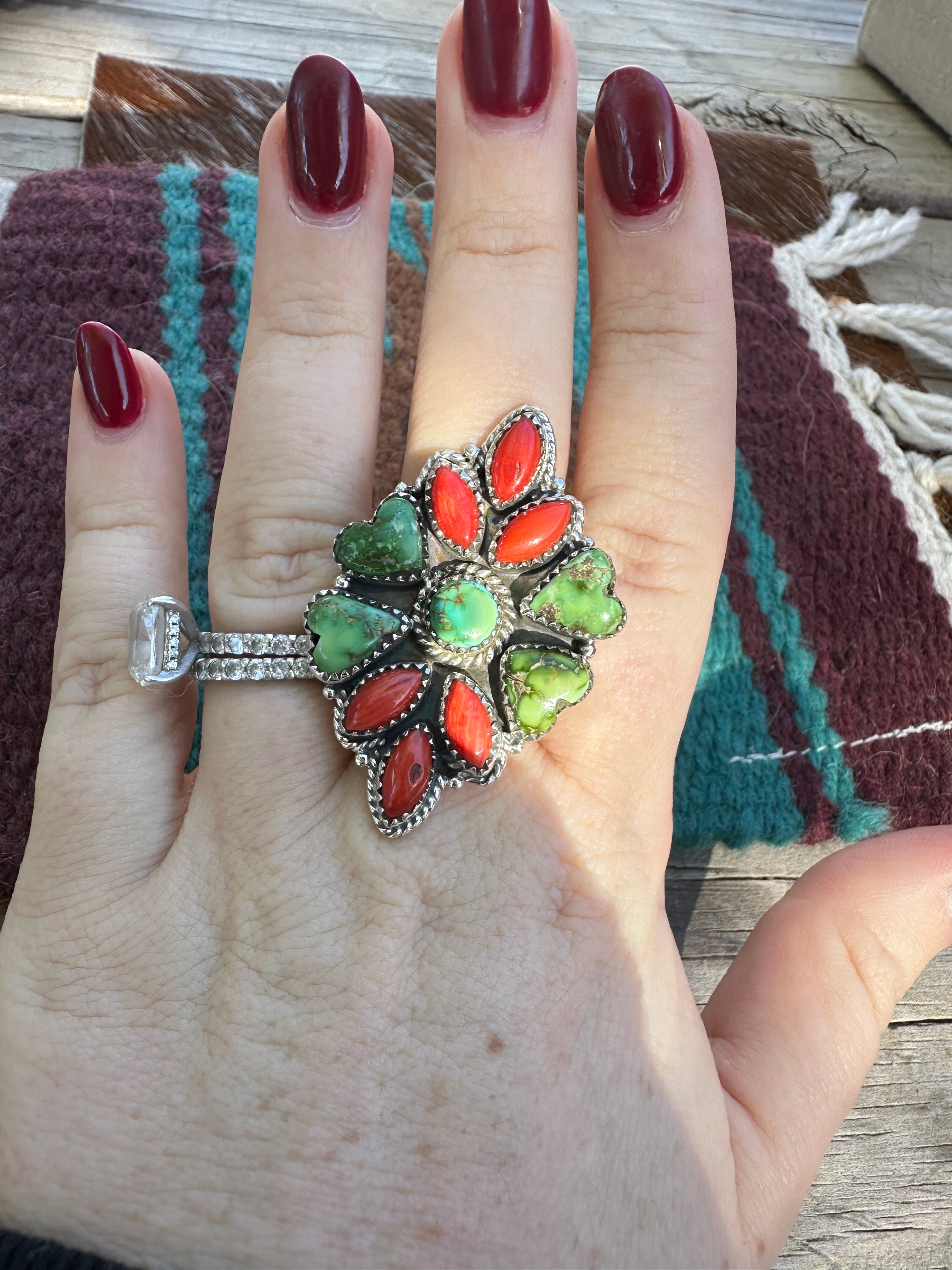 Beautiful Handmade Coral, Sonoran Turquoise And Sterling Silver Adjustable Heart Ring