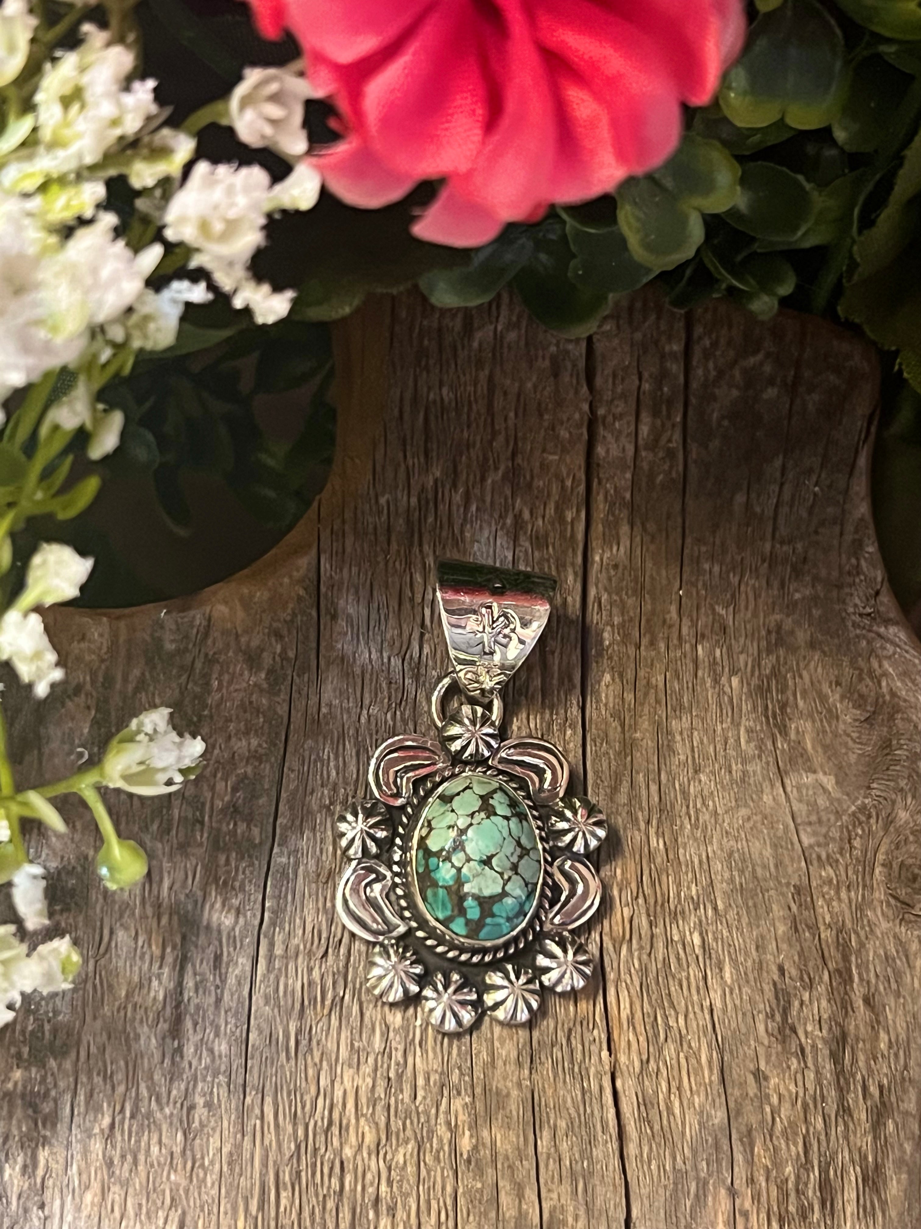 Handmade Oval Shaped Variscite Etched Sterling Silver Pendant