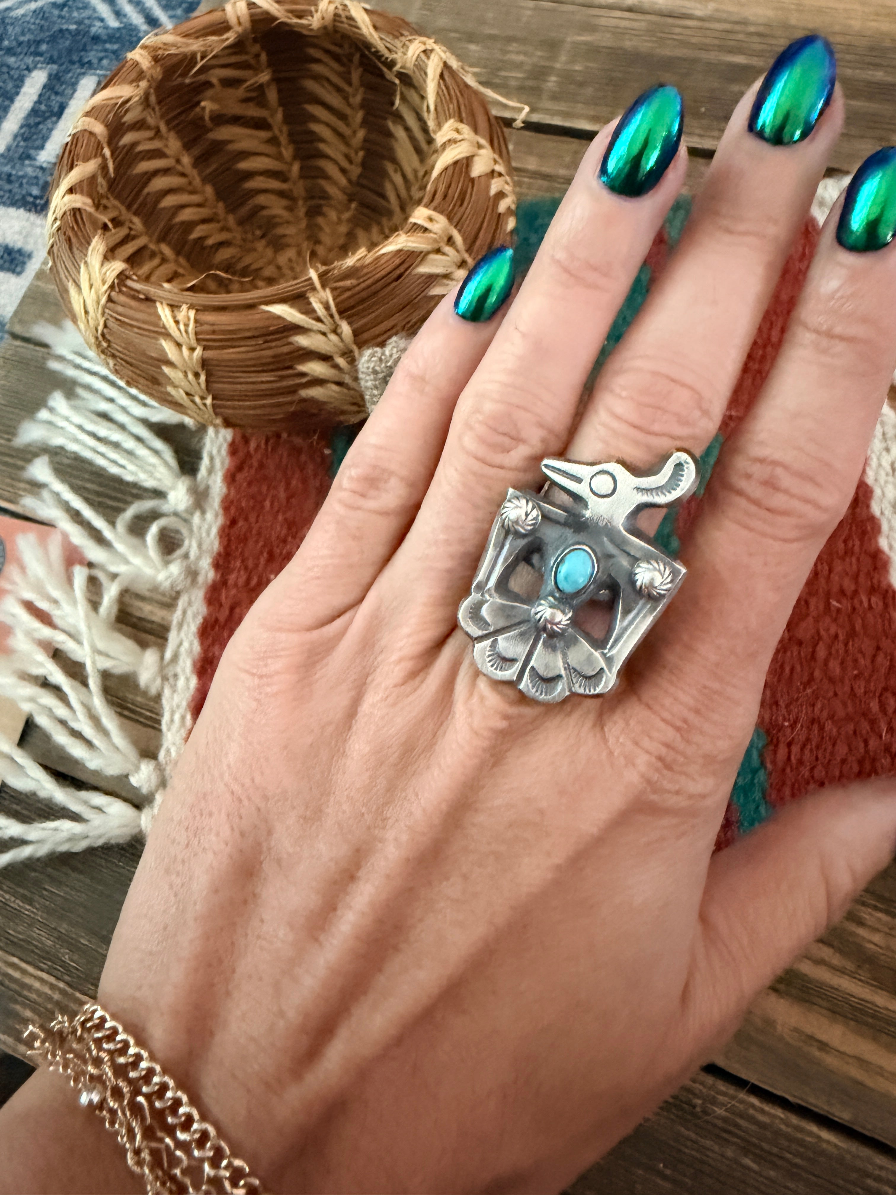 Handcrafted Turquoise and Sterling Silver Thunderbird Ring size 9 by Chimney Butte