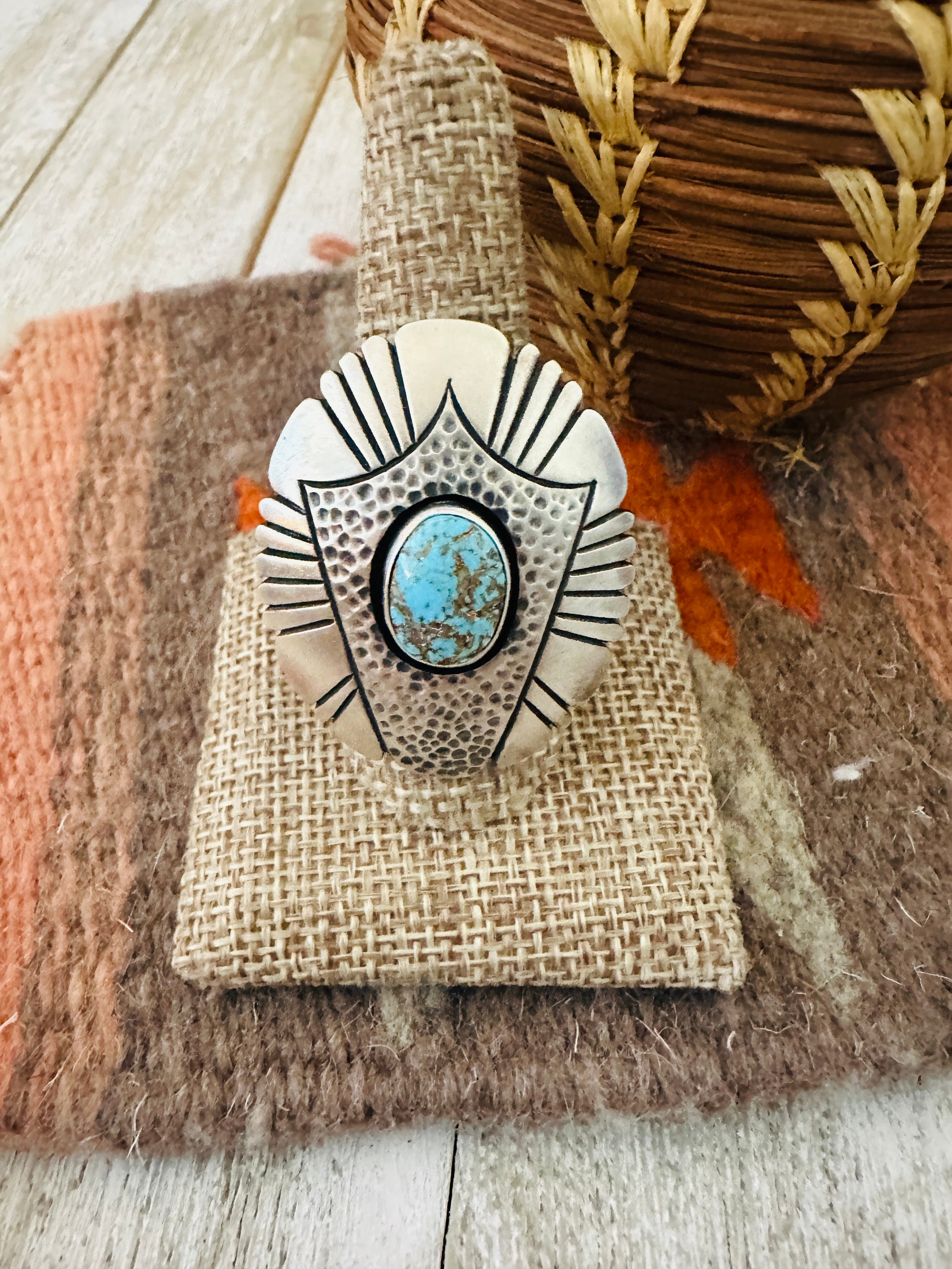 Handcrafted Hand Stamped Sterling Silver & Turquoise Ring Size 9