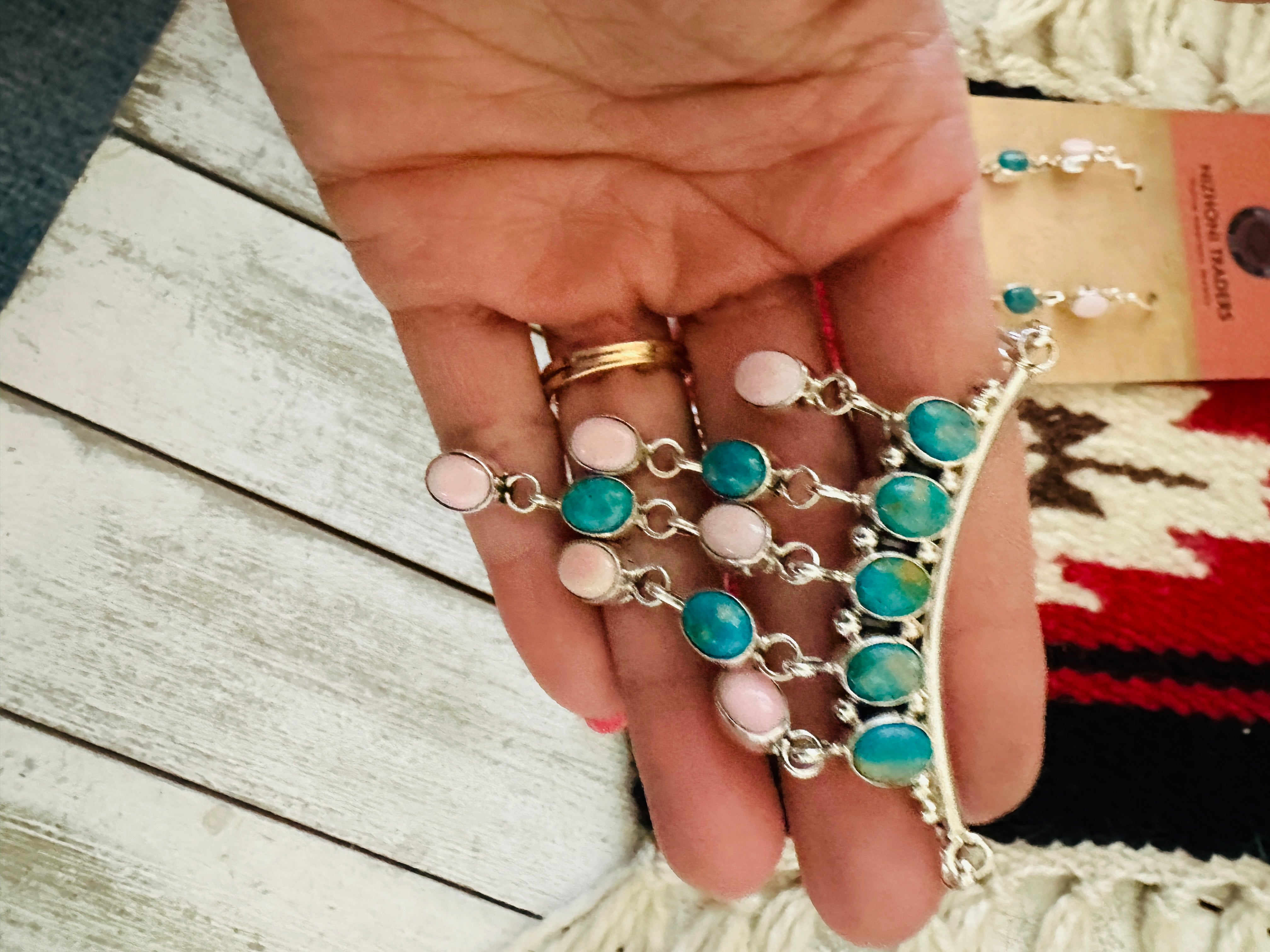 Handcrafted Turquoise, Queen Pink Conch & Sterling Silver Chandelier Necklace Set