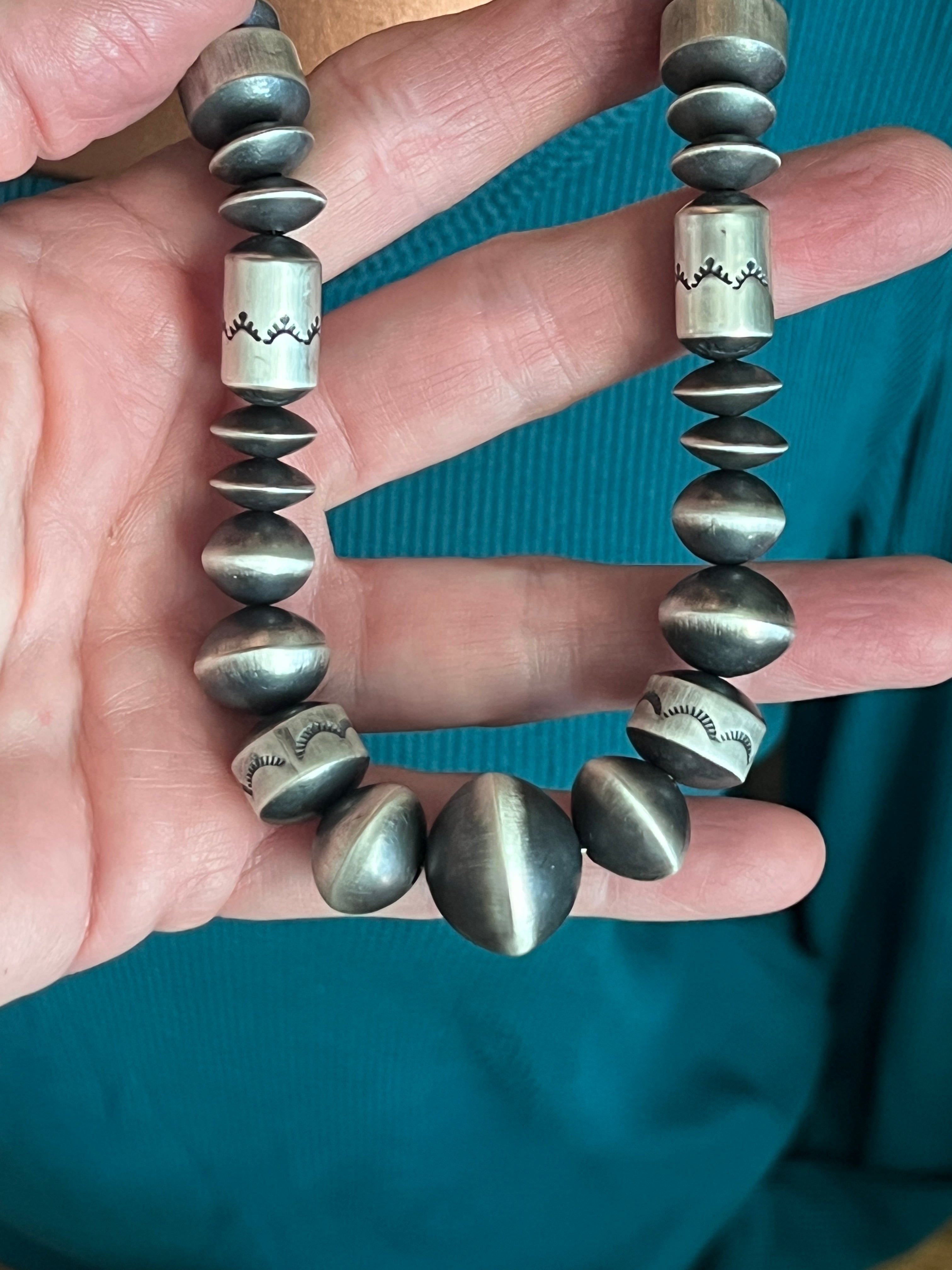 Handcrafted Sterling Silver Single Strand Beaded Statement Necklace by Rose Martin, 24” + 1-1/2”