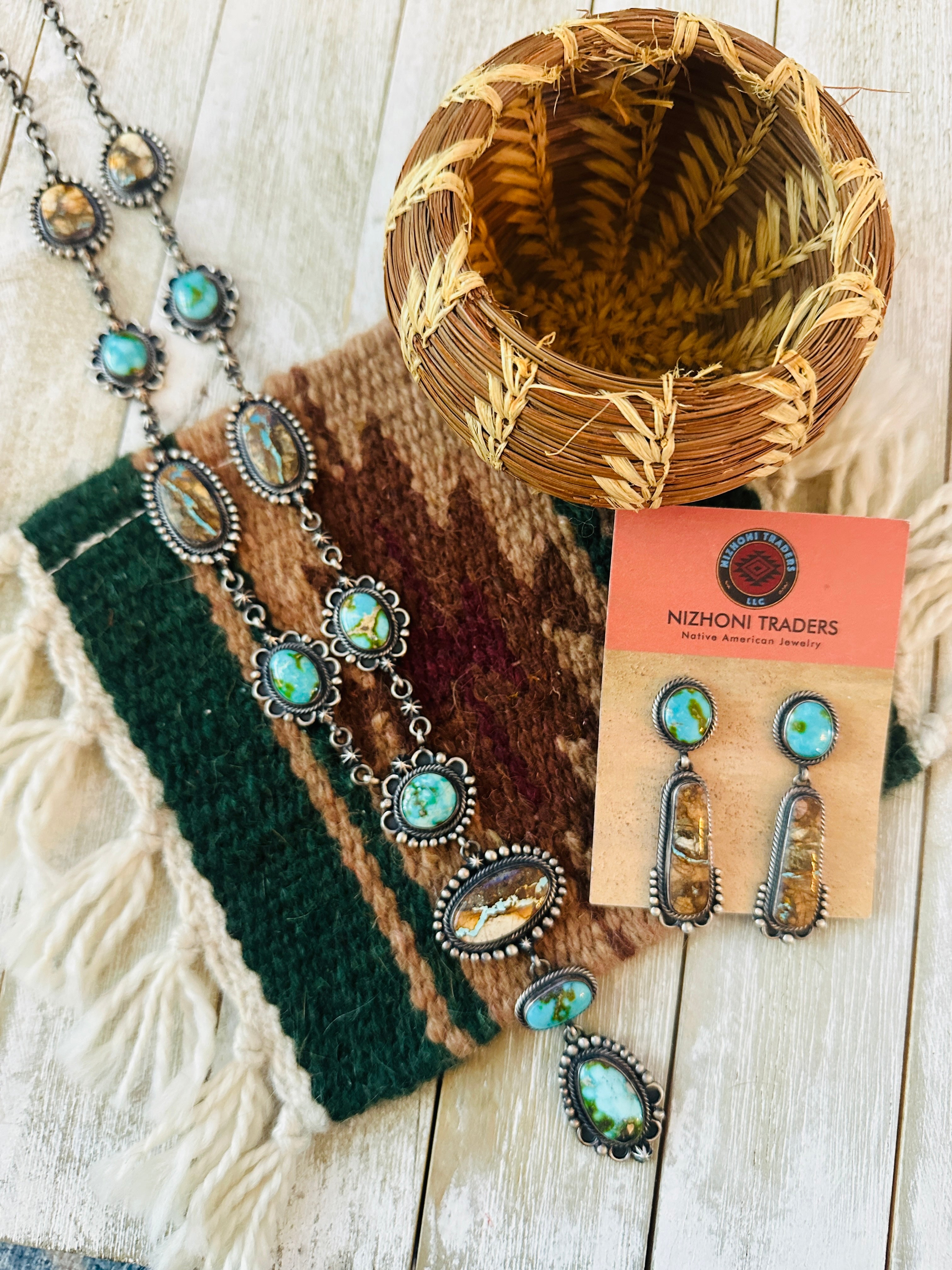 Navajo Sterling Silver, Ribbon and Sonoran Turquoise Necklace and Earr