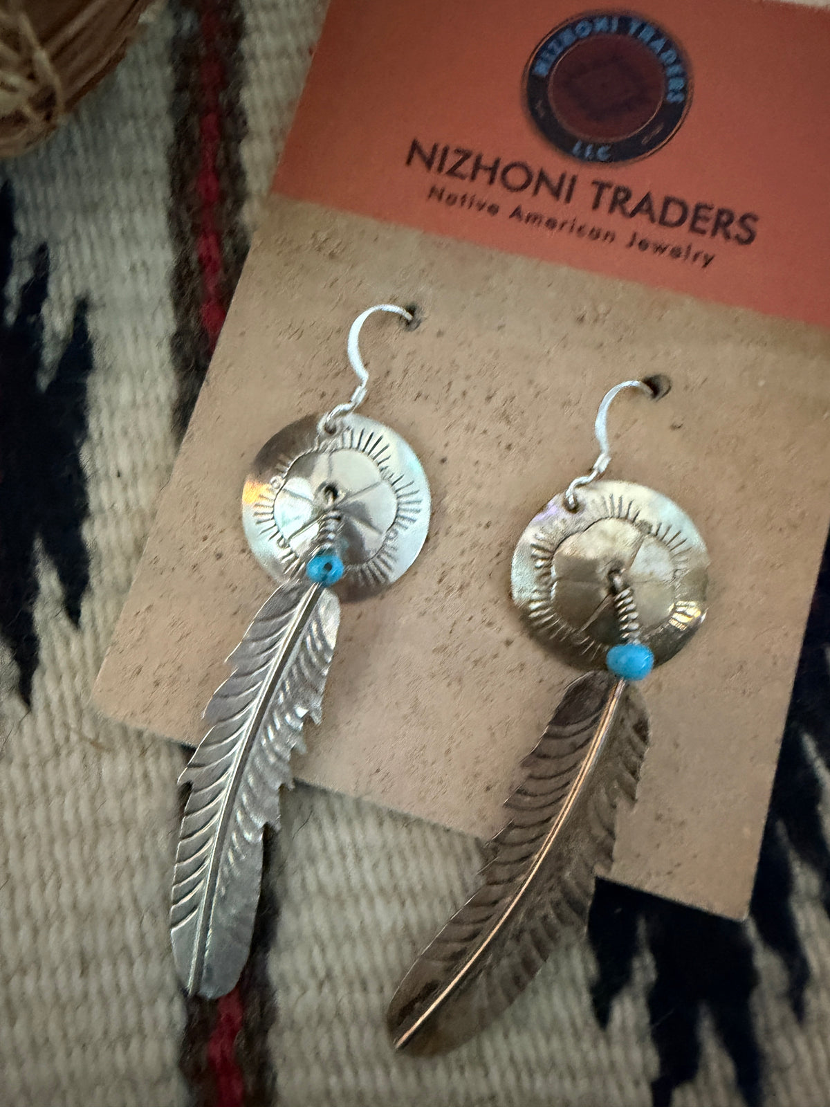 Old Pawn Handcrafted Sterling Silver & Turquoise Feather Dangle Earrings