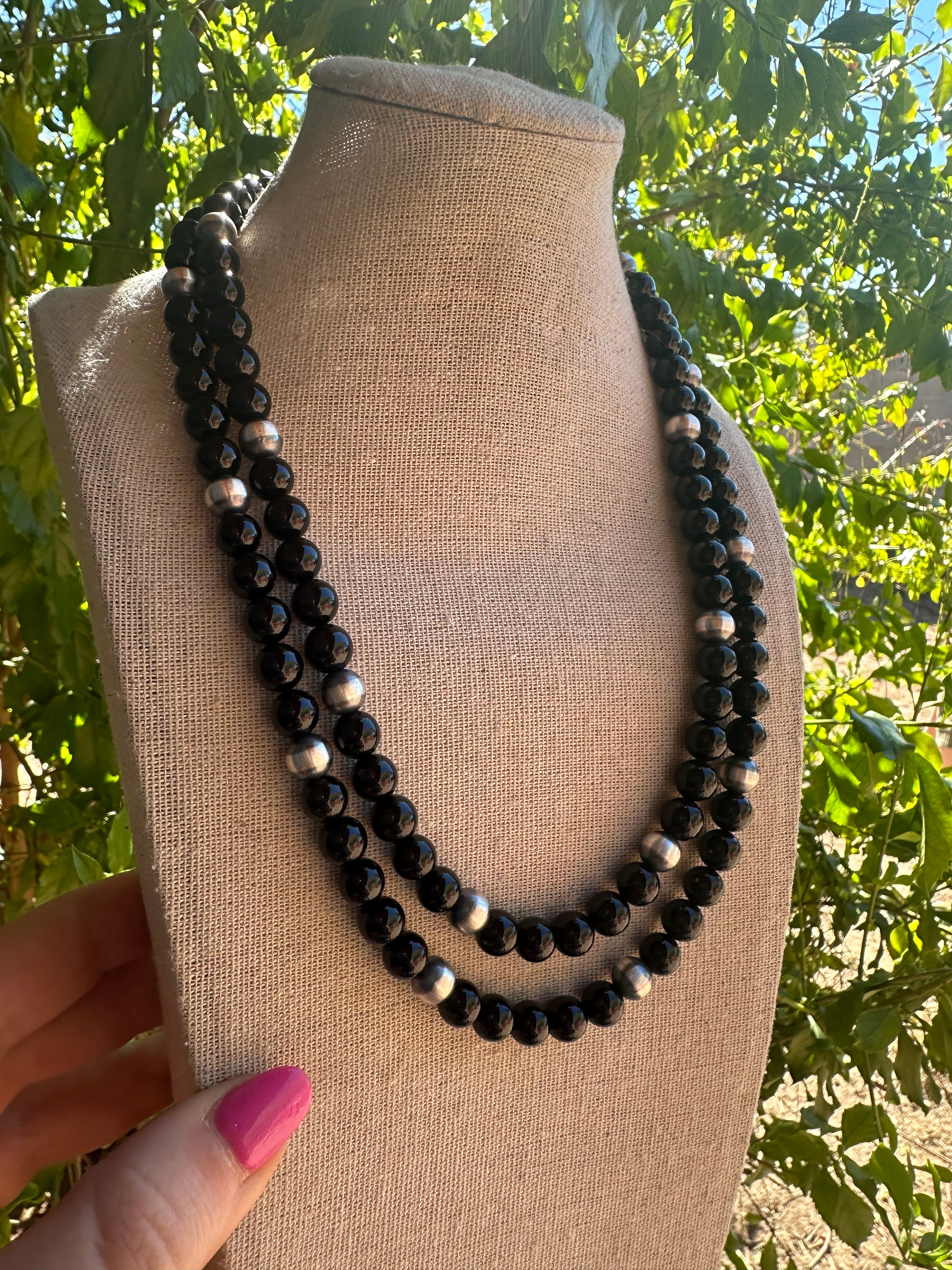 Navajo Pearl Sterling Silver & Black Onyx Beaded Necklace