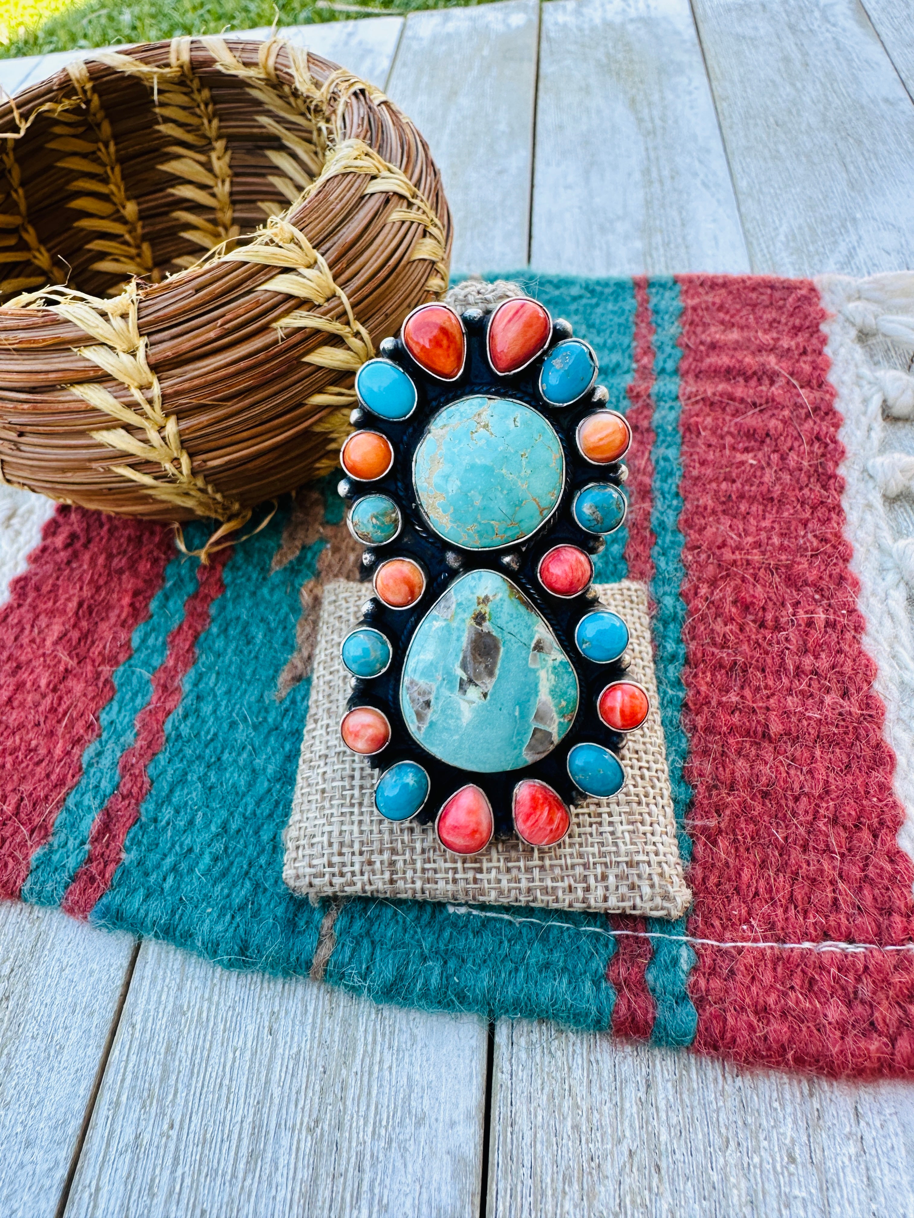 Handcrafted Turquoise, Spiny & Sterling Silver Cluster Ring Size 12 by Sheila Becenti