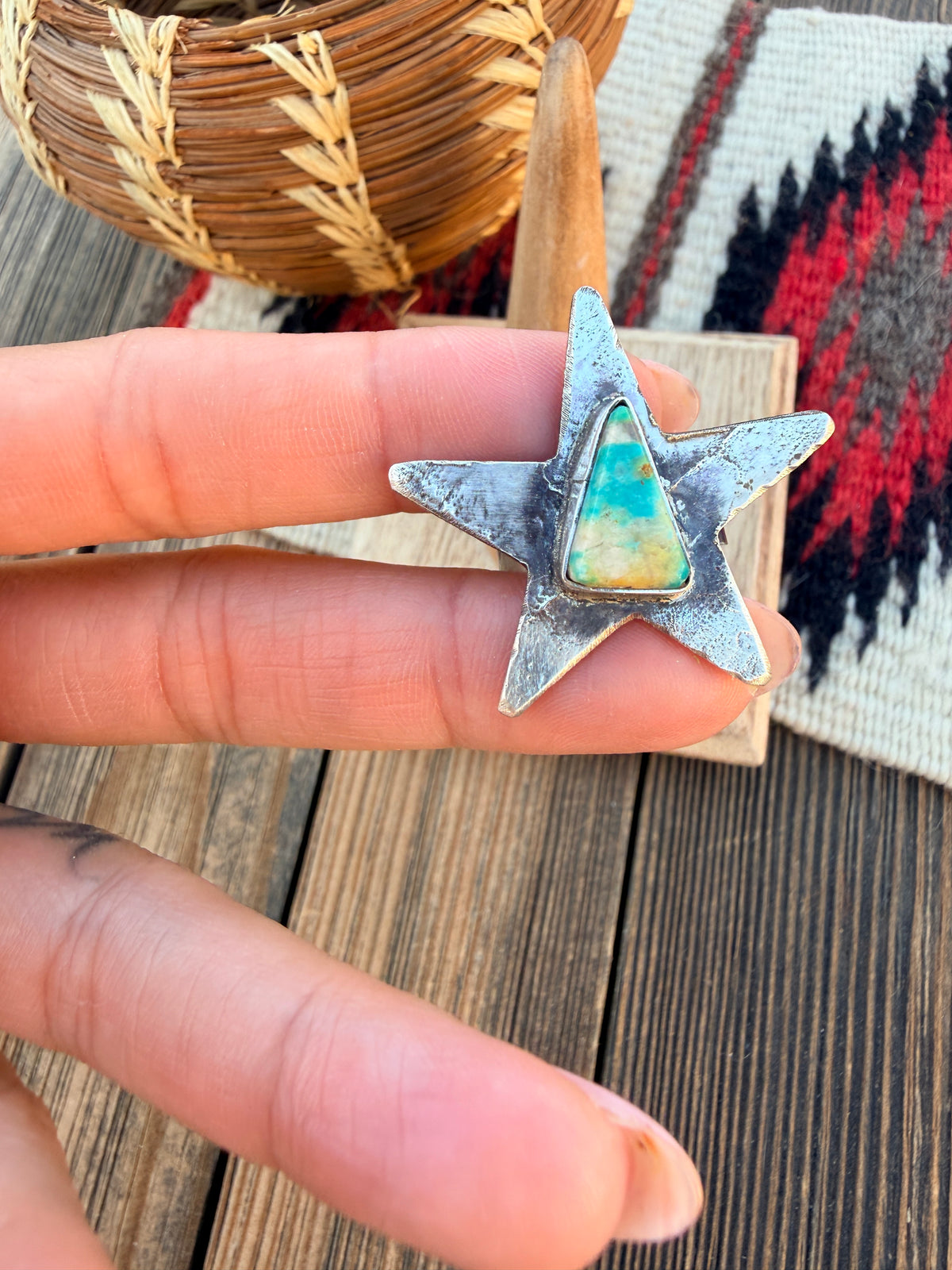 Handcrafted Sterling Silver & Turquoise Adjustable Star Ring by Jude Candelaria