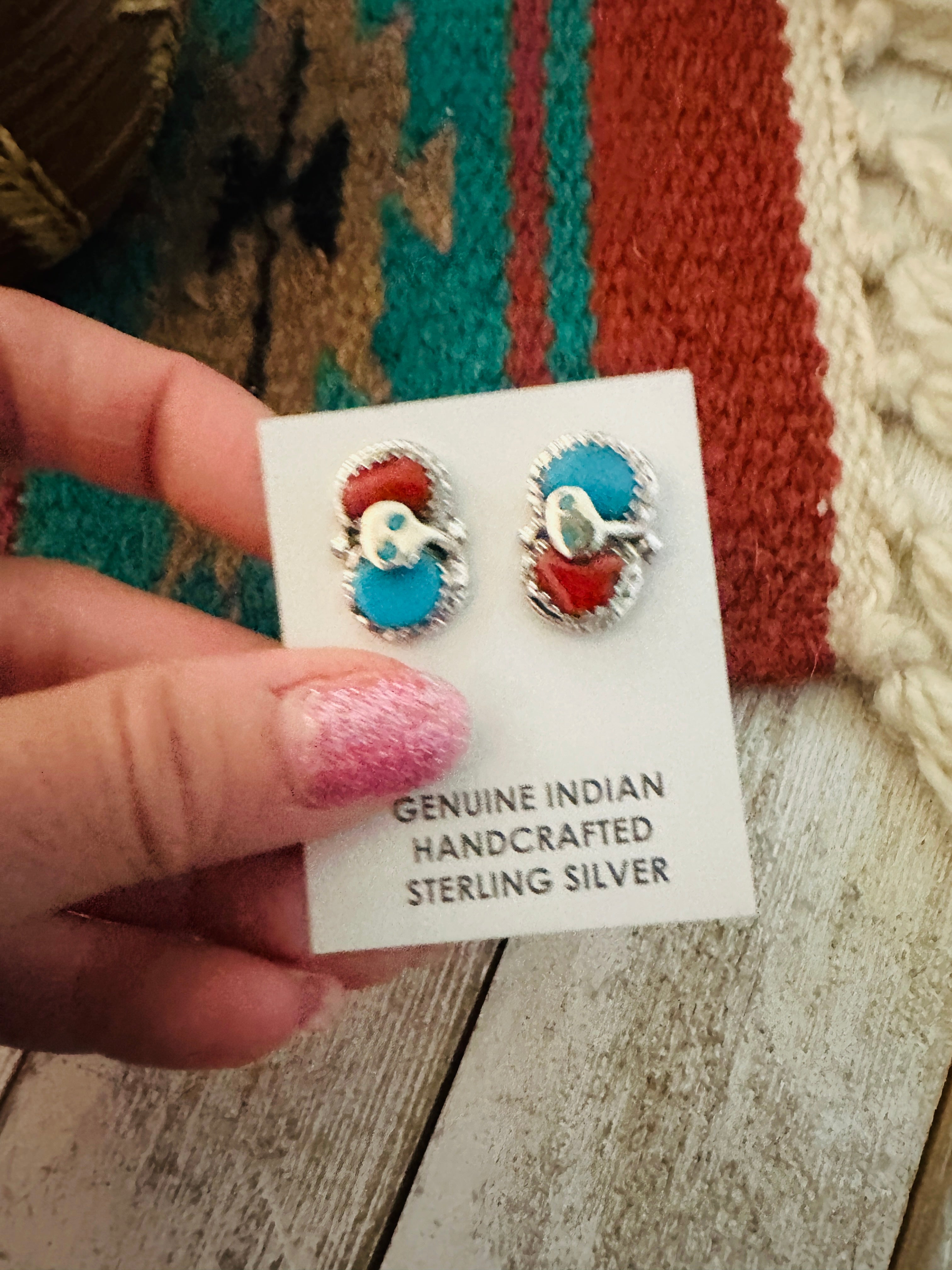 Zuni Sterling Silver, Turquoise & Coral Post Earrings by Effie Calavaza