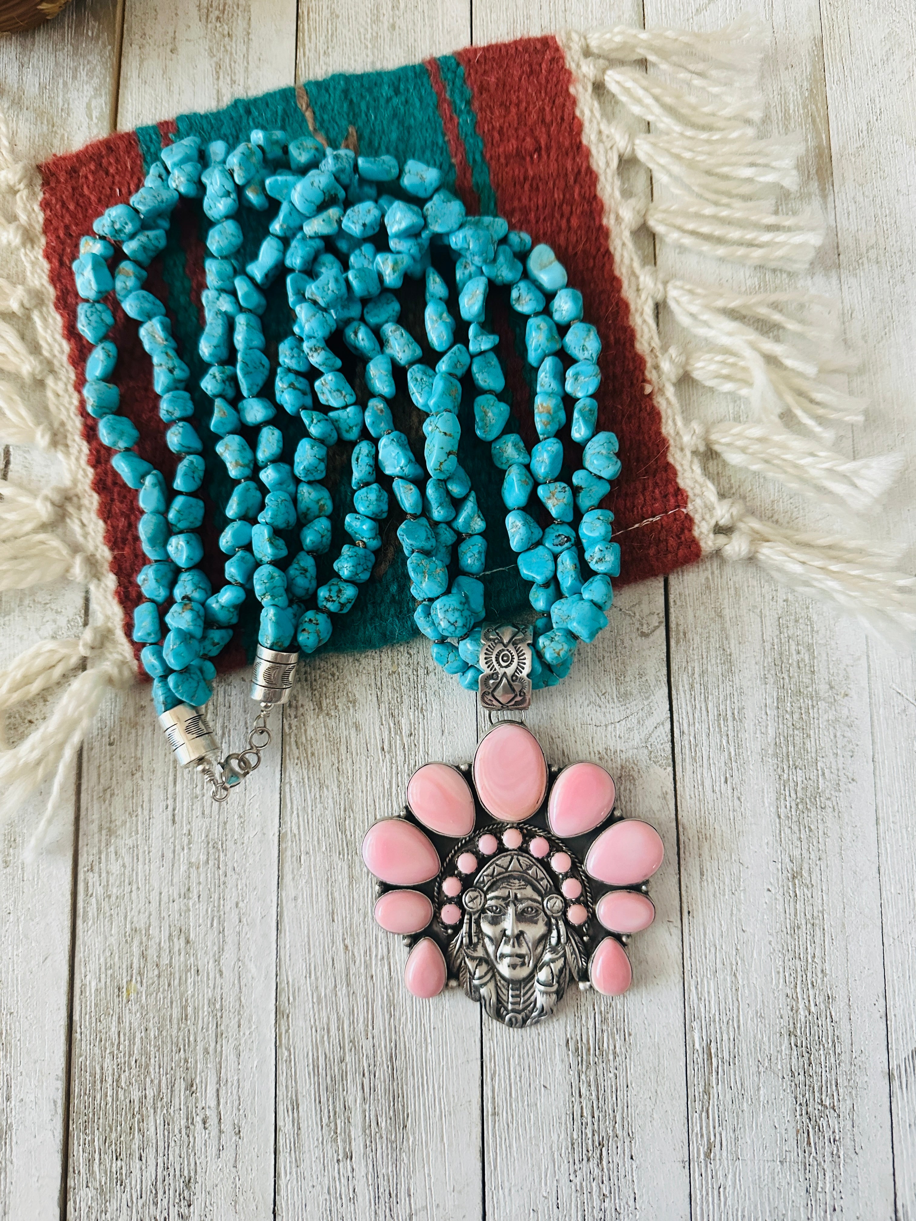 Stunning Navajo Sterling Silver, Queen Pink Conch & Turquoise Indian Chief Beaded Necklace