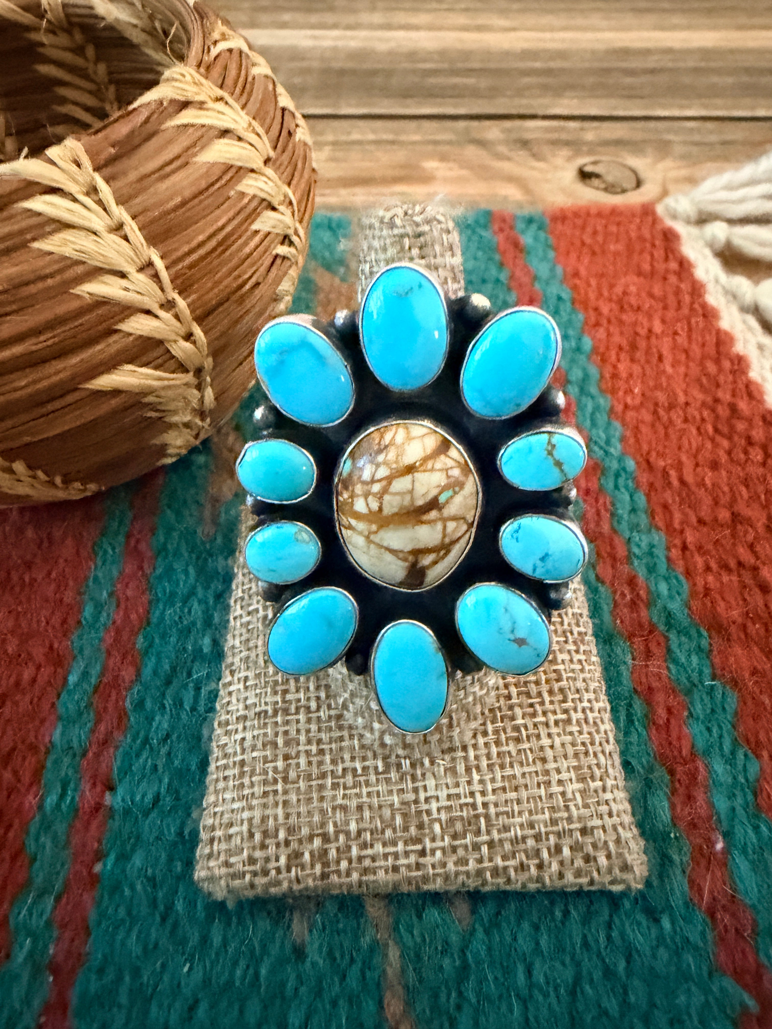 Handcrafted Multi Turquoise & Sterling Silver Ring Size 7.75 by Ella Peter