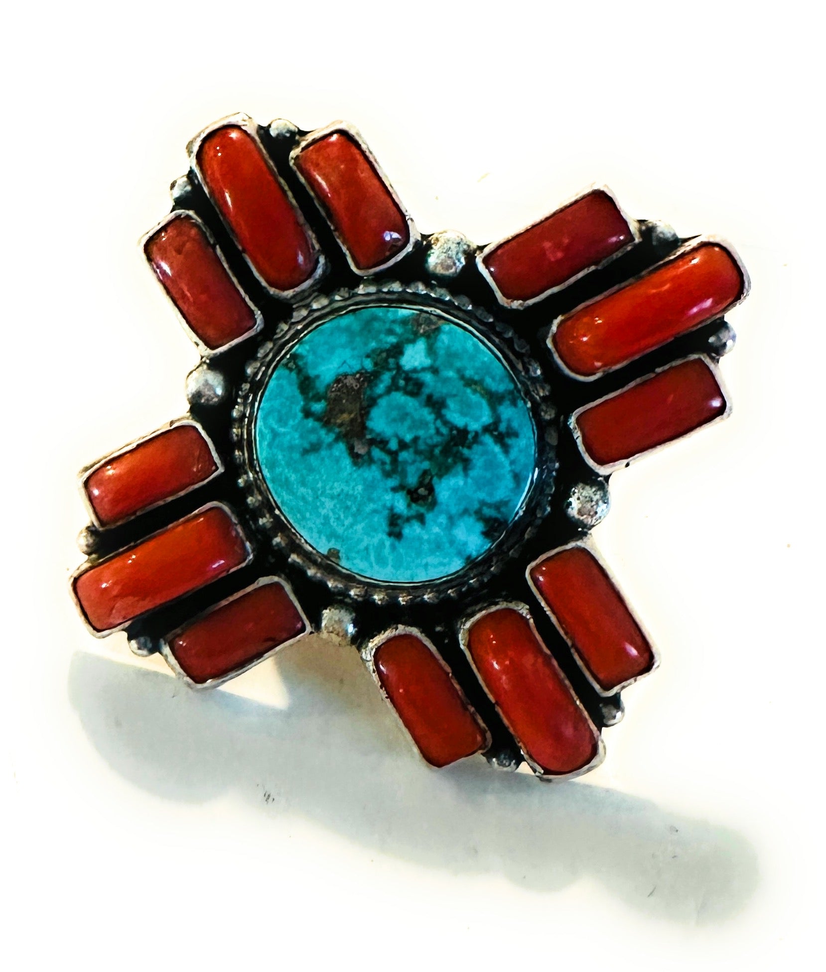 Navajo Kingman Turquoise, Coral & Sterling Silver Ring Size 7