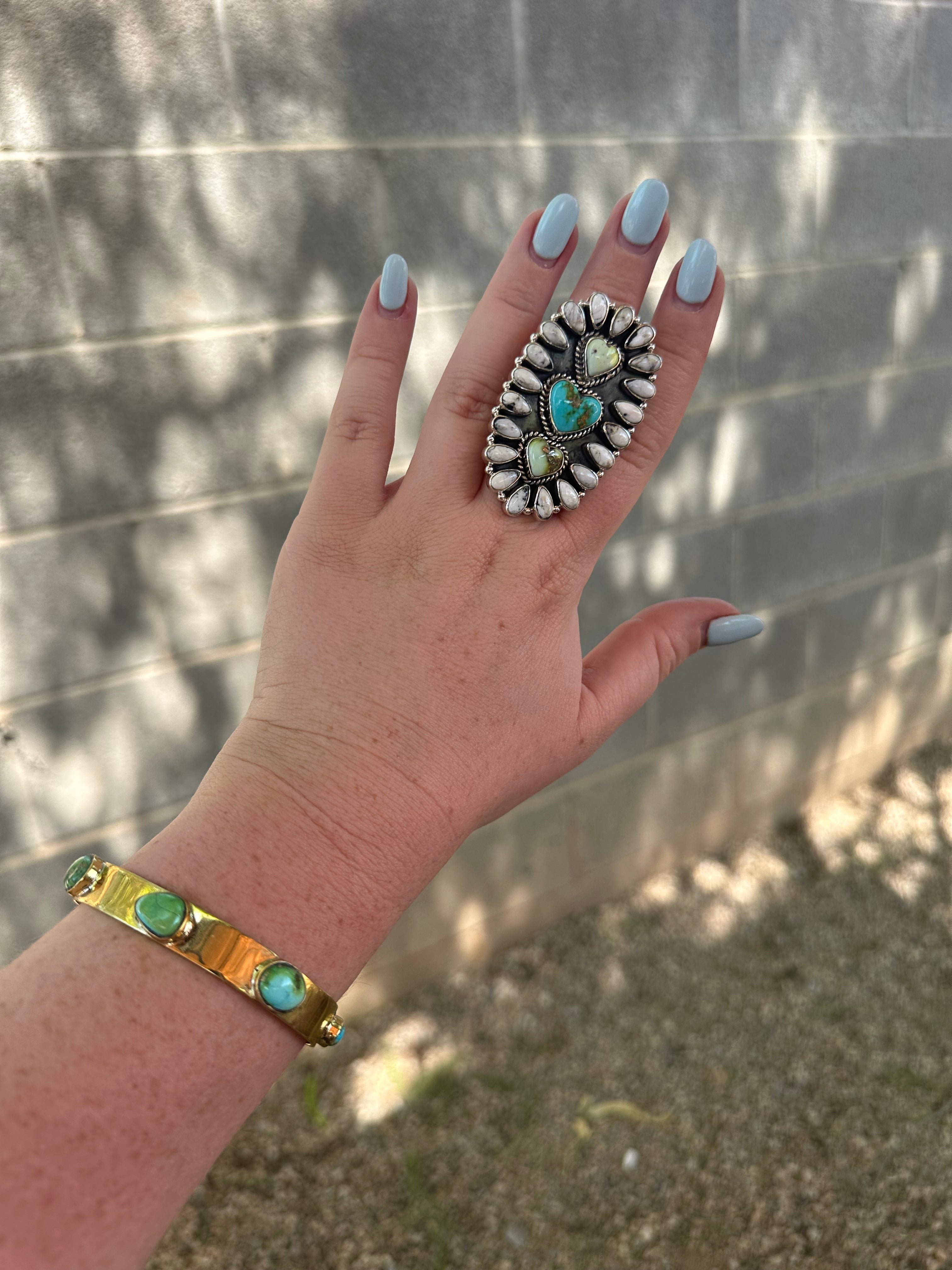 Beautiful Handmade White Buffalo, Palomino Turquoise, Turquoise And Sterling Silver Adjustable Heart Ring