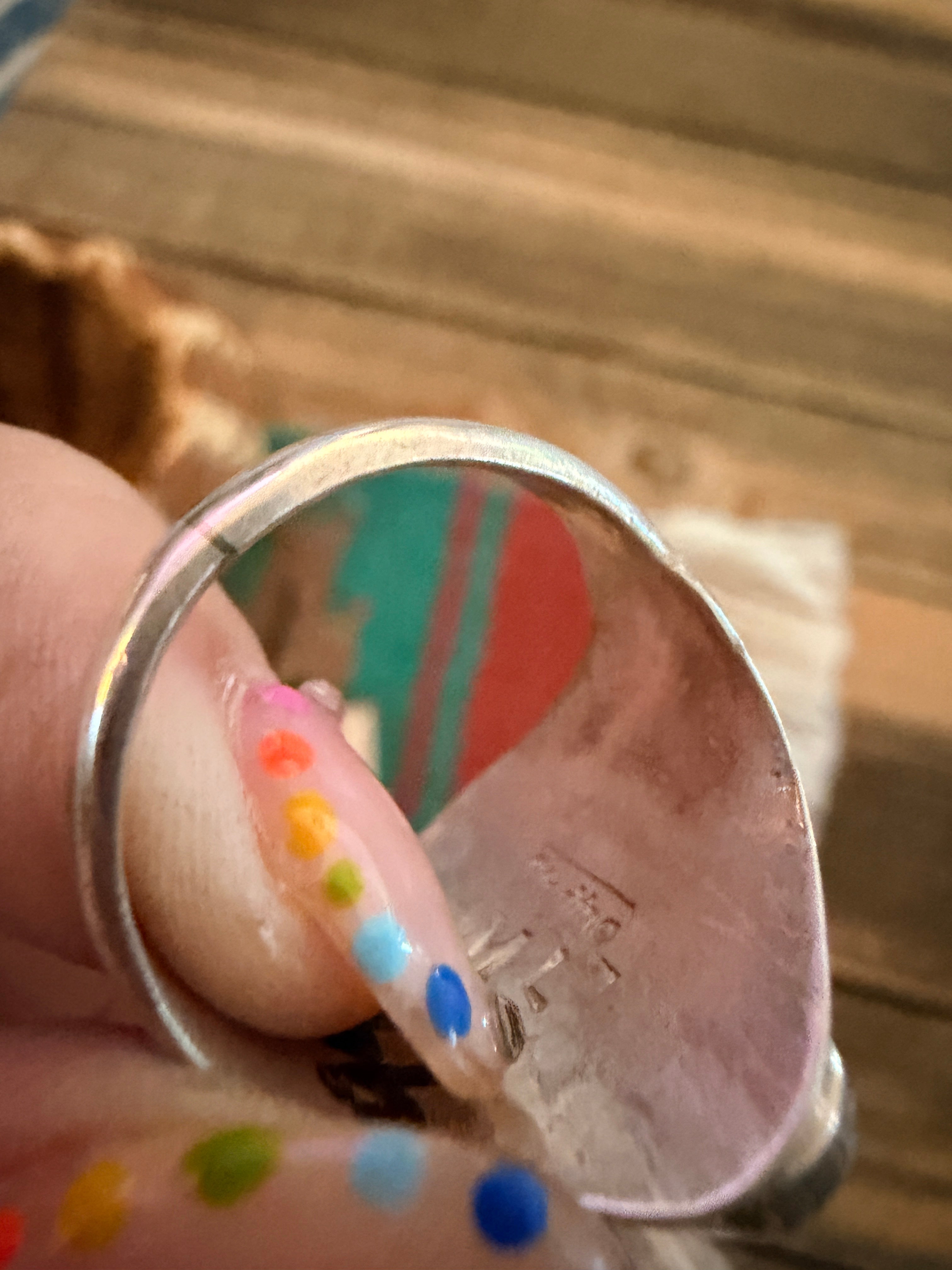 Handcrafted Turquoise, Coral & Sterling Silver Ring Size 8.25