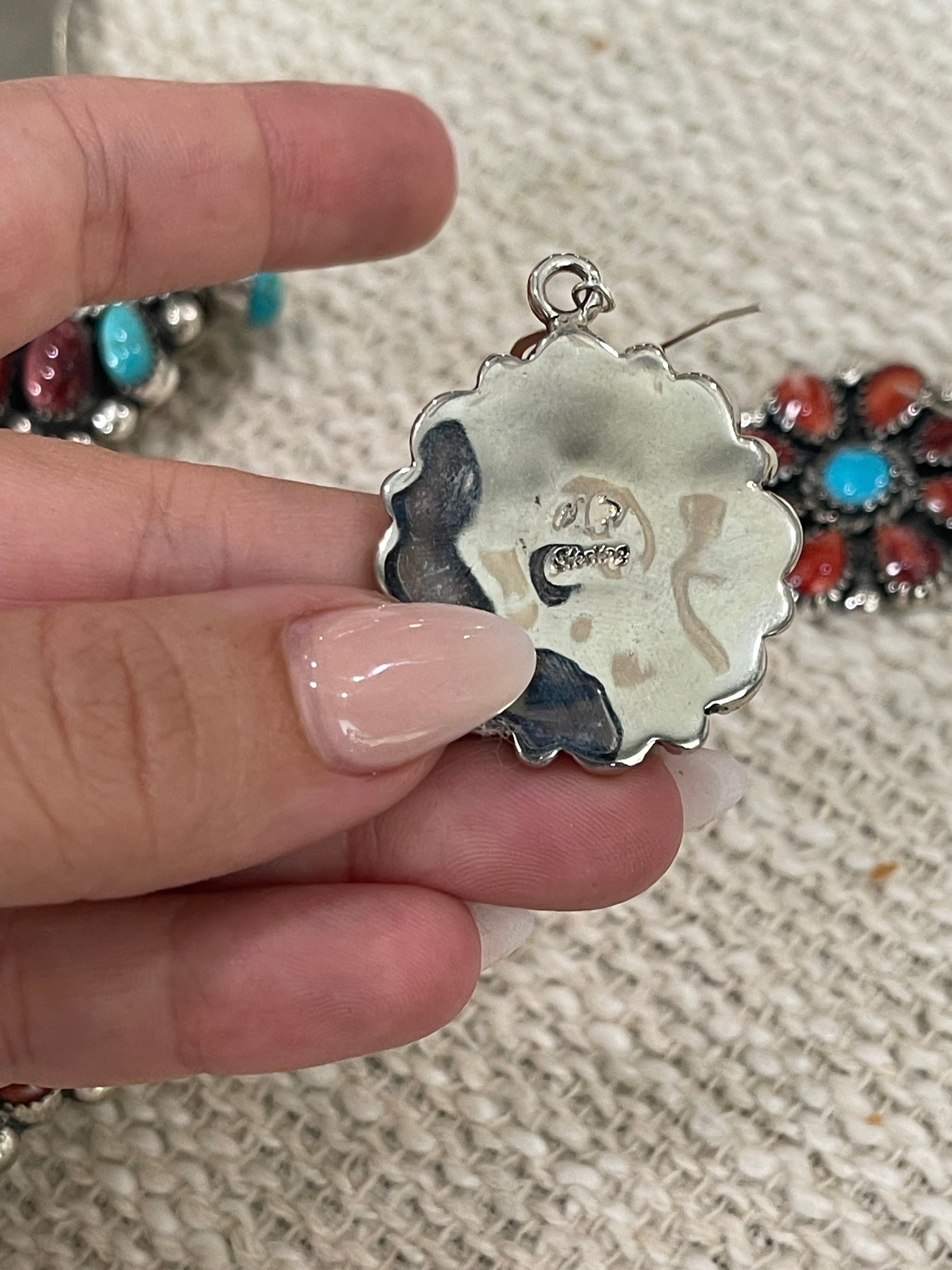 Beautiful Handmade Sterling Silver, Turquoise & Red Spiny Cluster Necklace And Earring Set