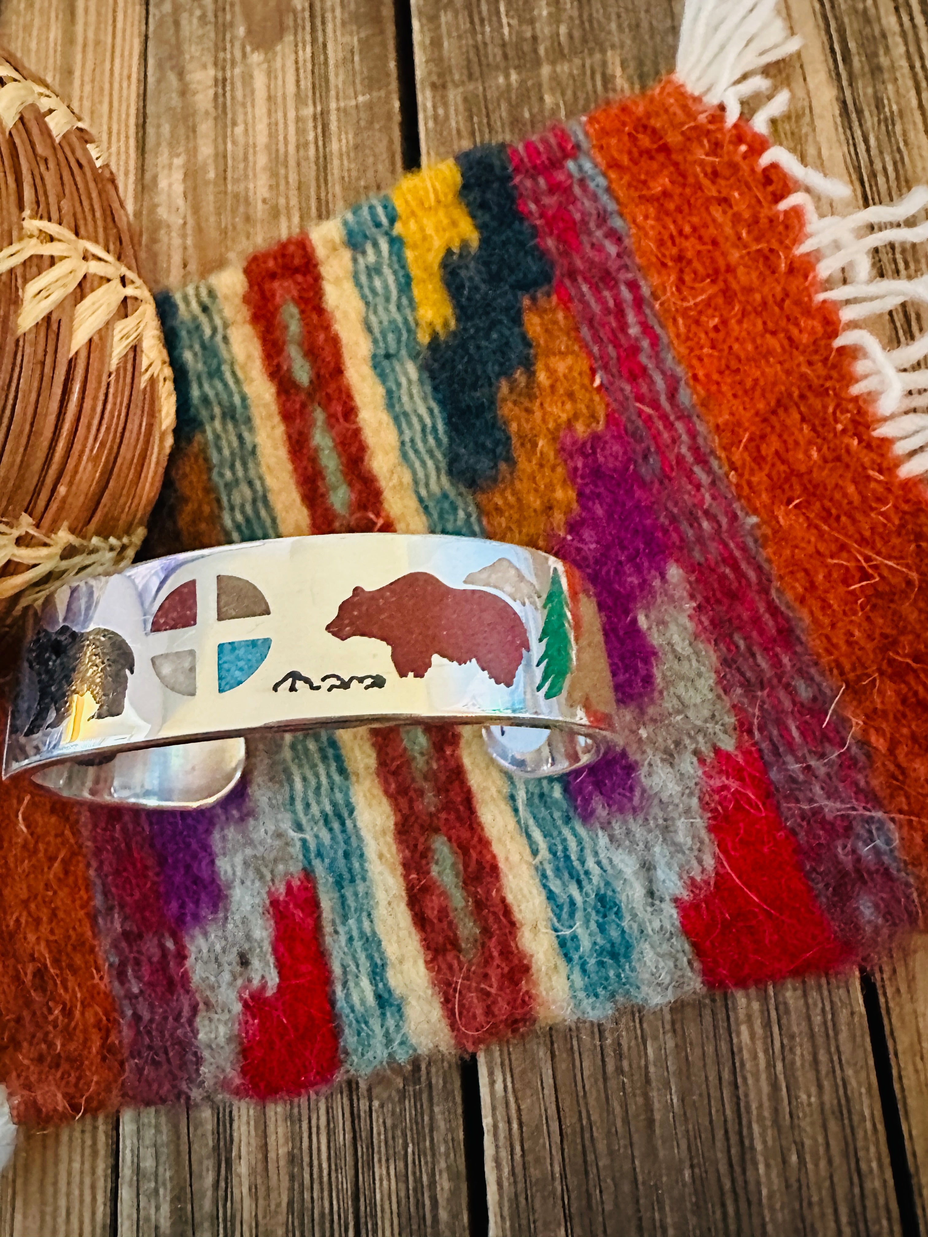 Handcrafted Sterling Silver & Multi Stone Inlay Bear Cuff Bracelet