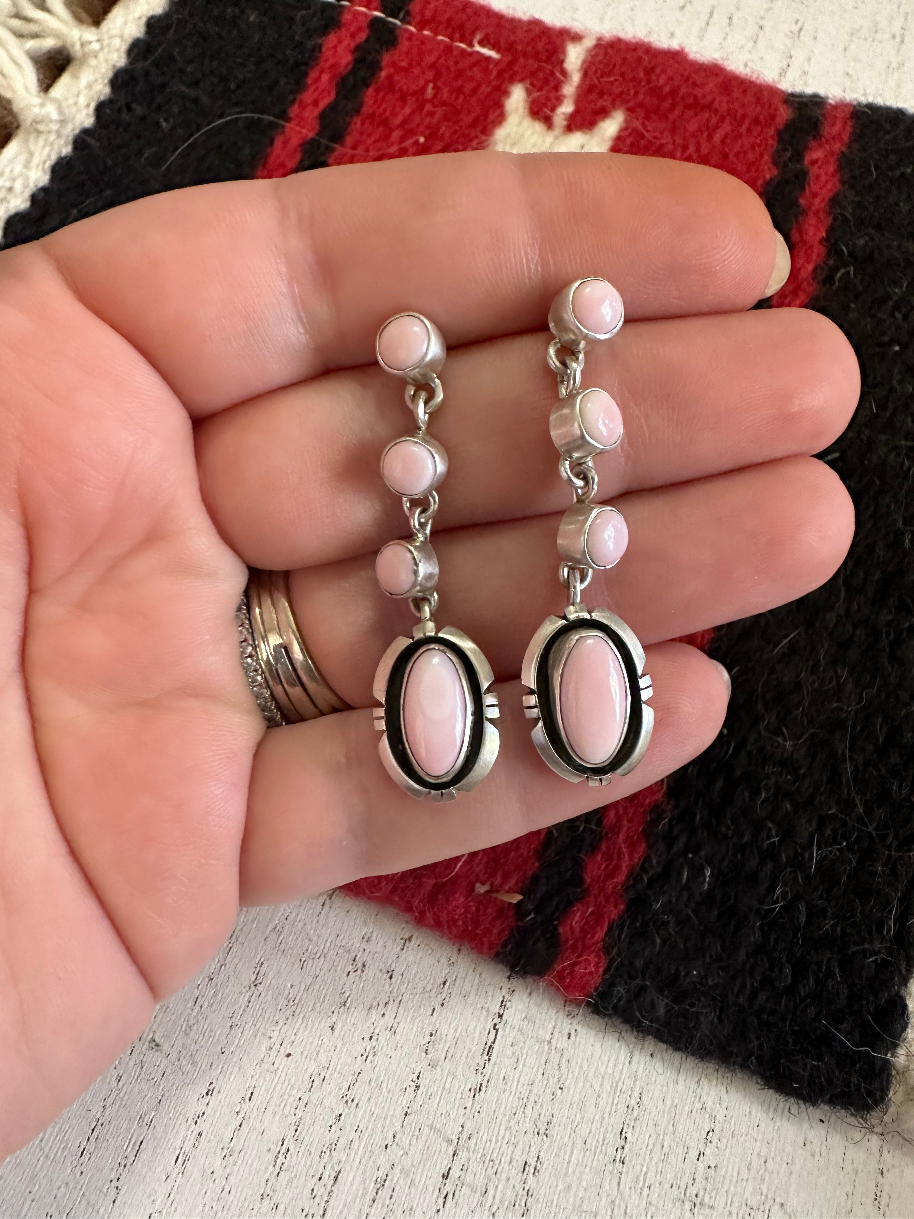 Navajo Sterling Silver Pink Conch 4 Stone Dangle Earrings