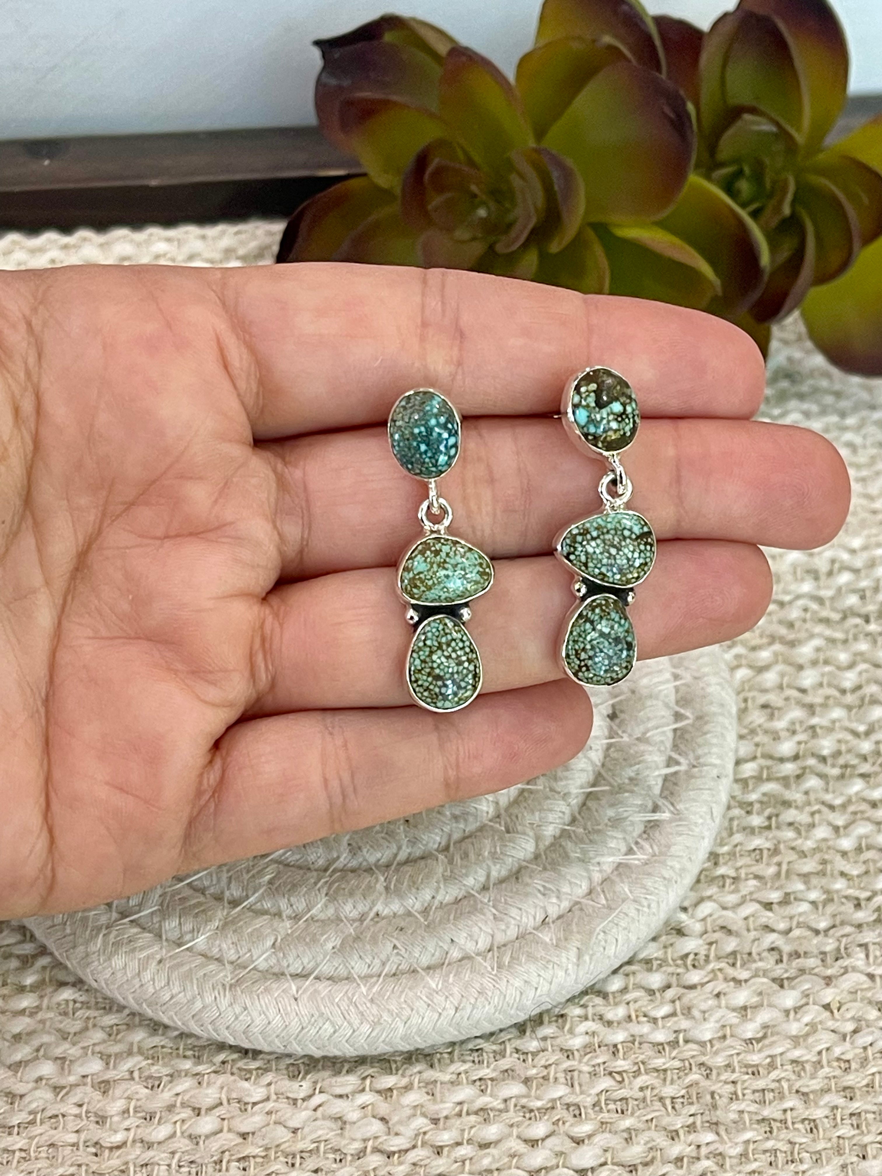 Handmade Sterling Silver Number 8 Turquoise Post Dangle Earrings with Signed Nizhoni