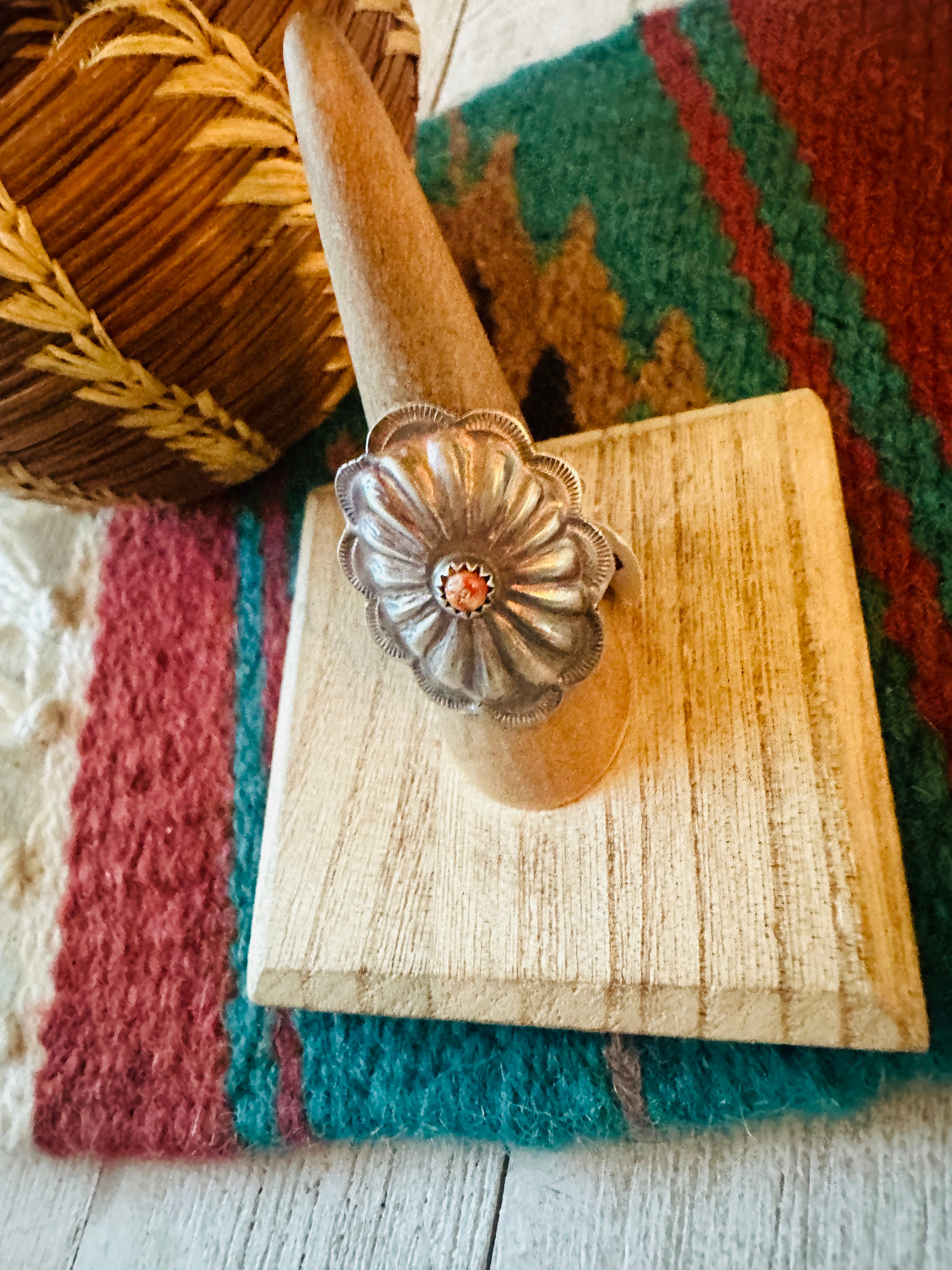 Navajo Sterling Silver & Orange Spiny Concho Ring