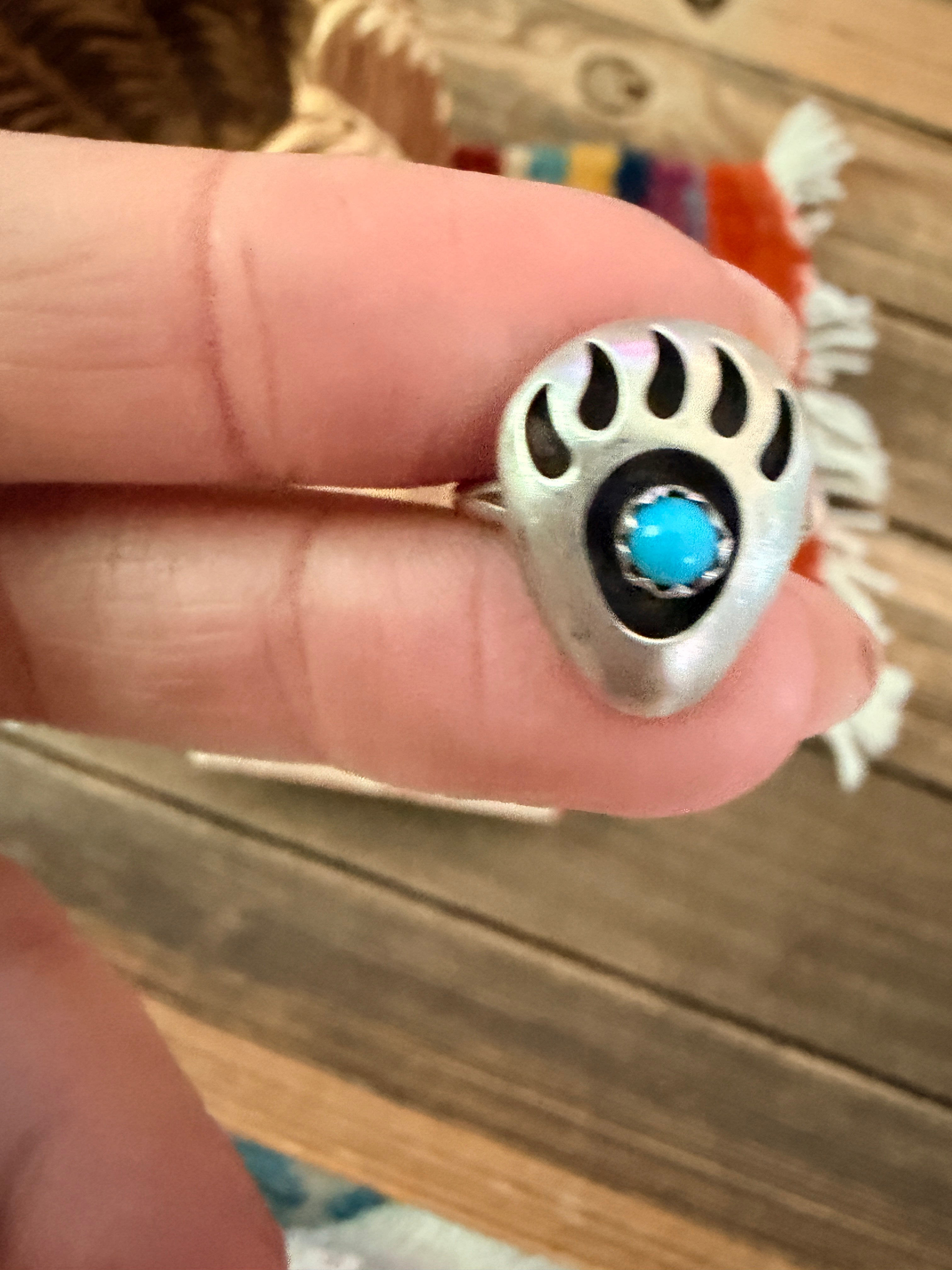Old Pawn Handcrafted Turquoise & Sterling Silver Bear Paw Ring Size 4.75