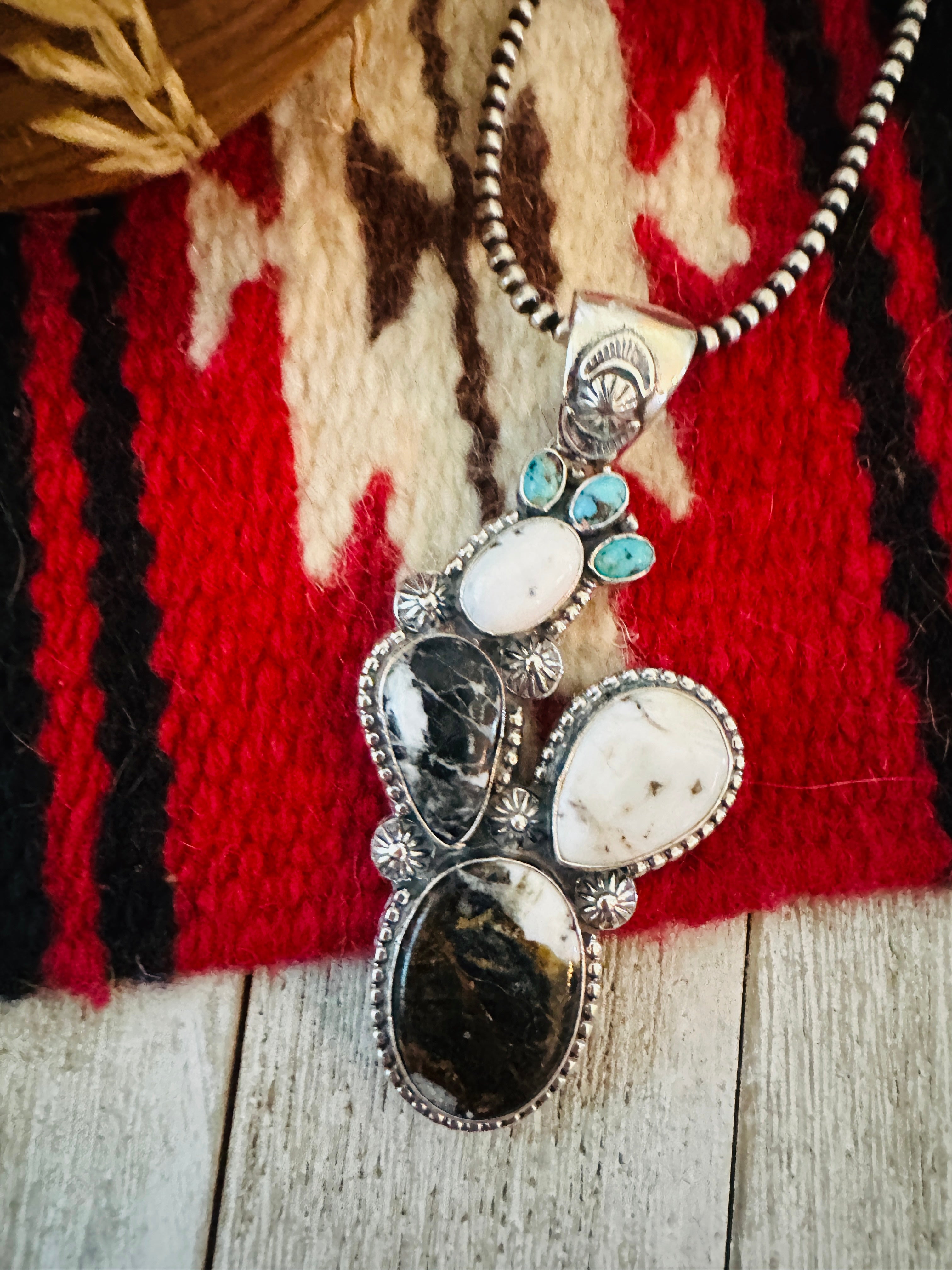 Handcrafted Sterling Silver, White Buffalo & Turquoise Cactus Pendant