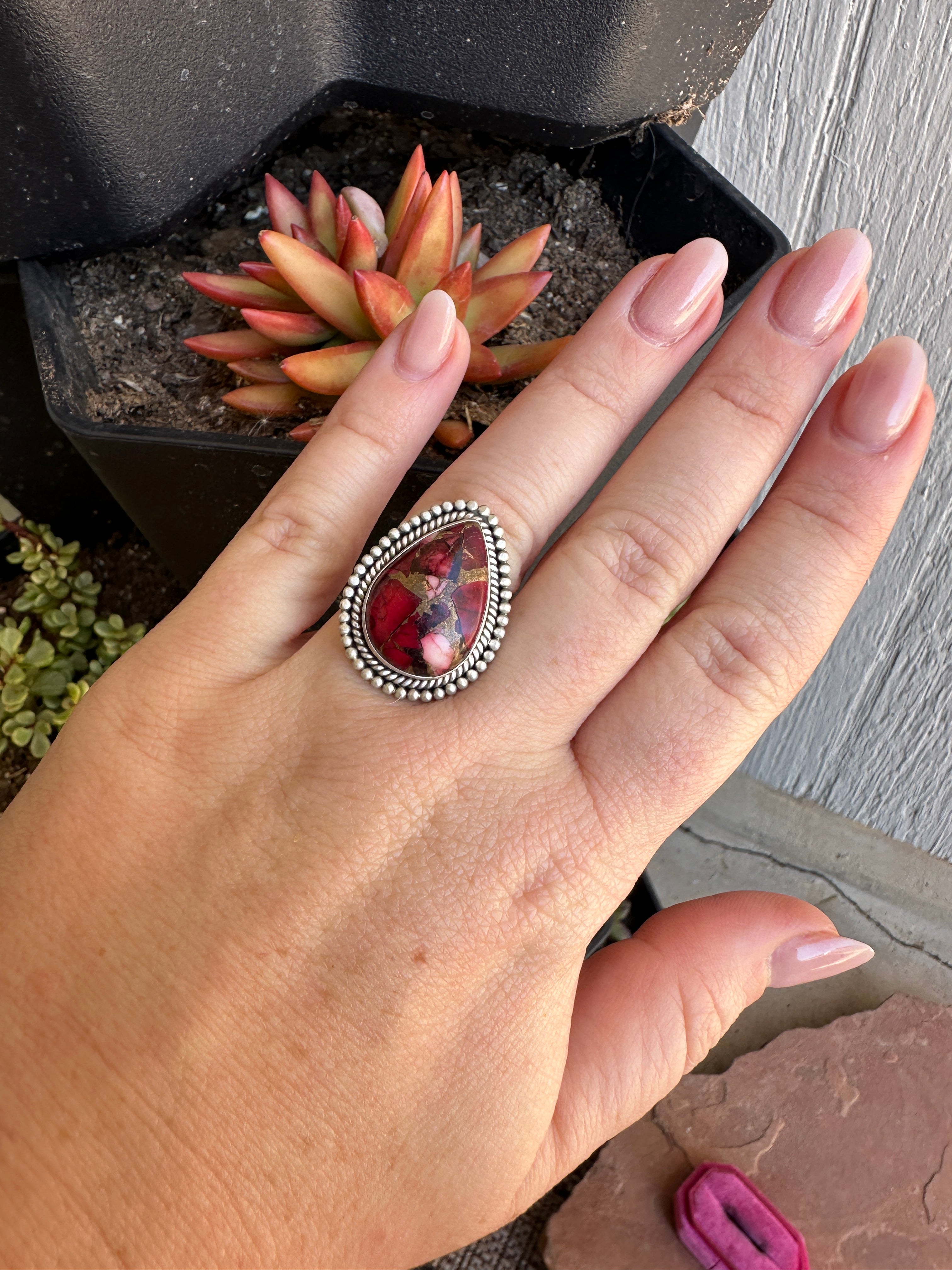 Beautiful Handmade Dahlia Rose And Sterling Silver Adjustable Teardrop Shape Ring