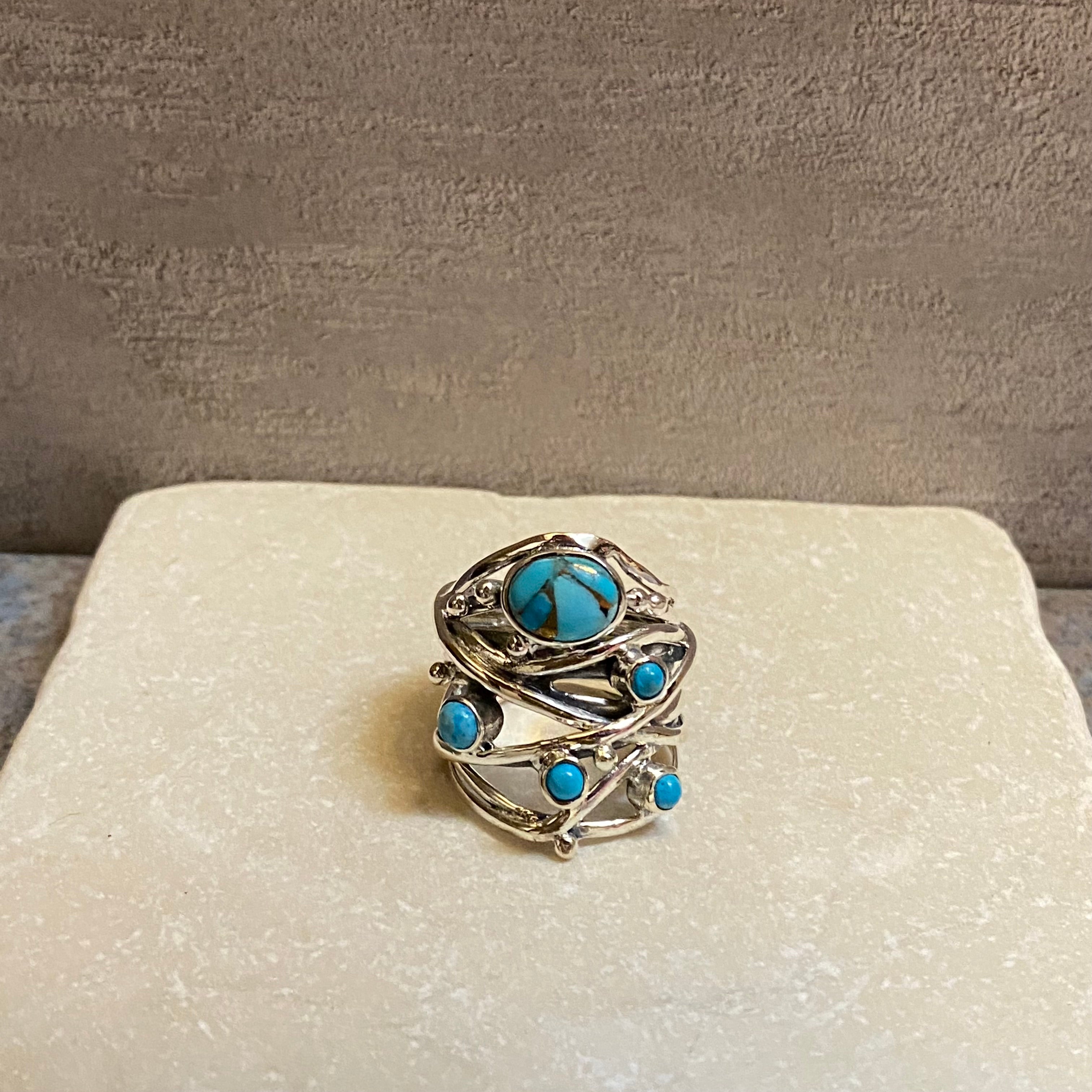 Sterling Silver Five Stone Copper Turquoise Strand Ring Size 8