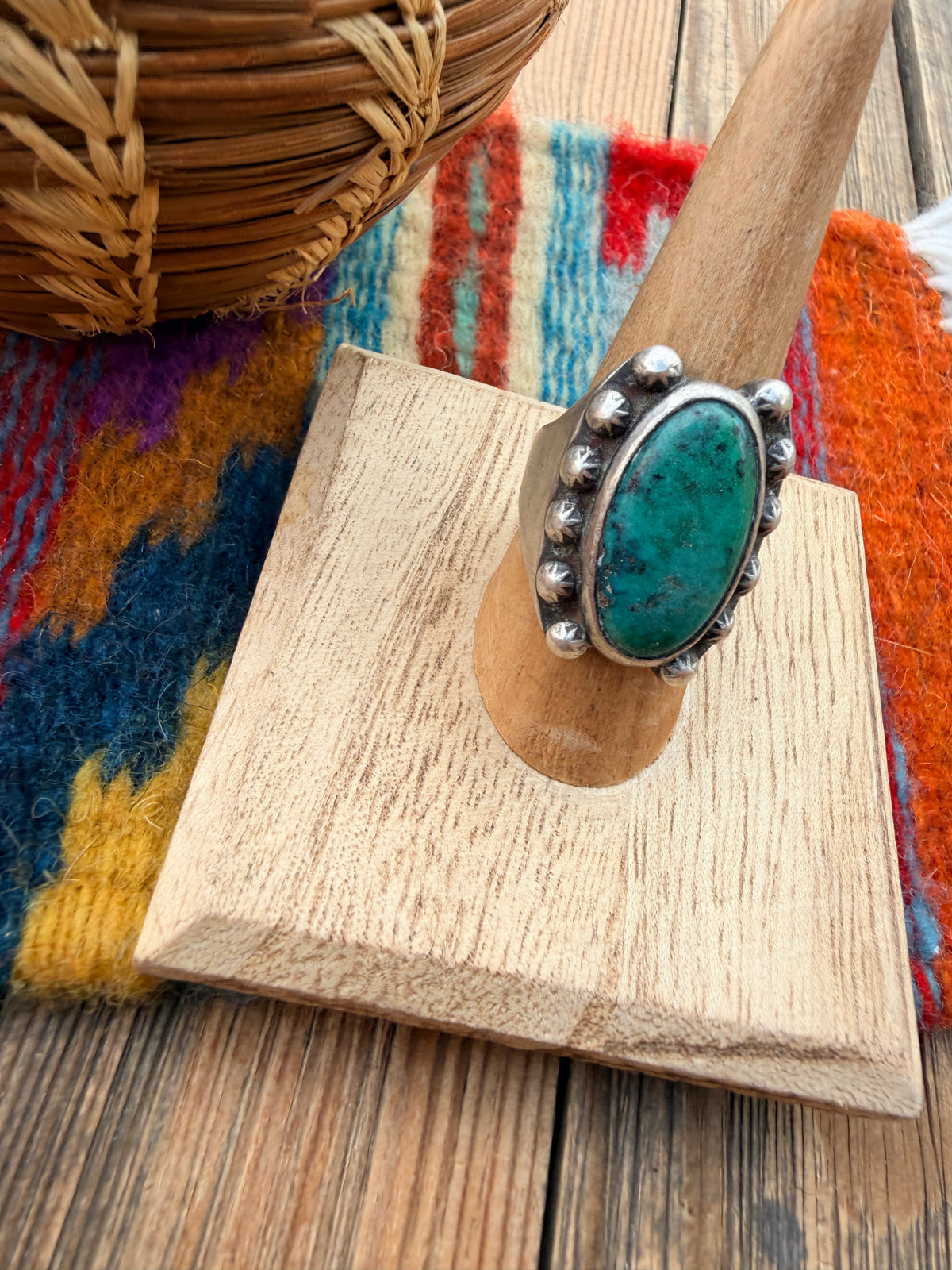 Old Pawn Handcrafted Turquoise & Sterling Silver Ring Size 8