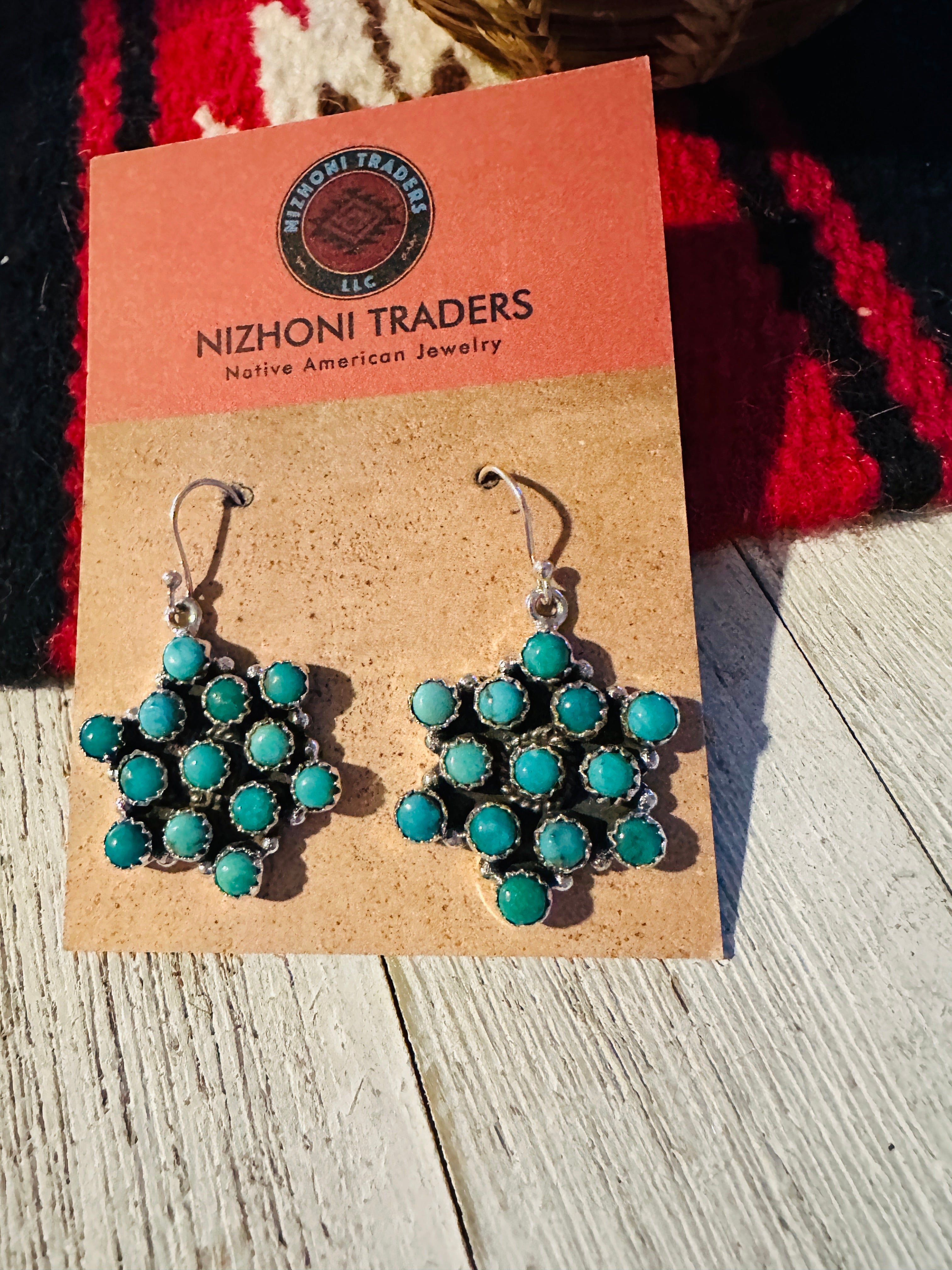 Handmade Turquoise & Sterling Silver Star Wire Dangle Earrings Signed Nizhoni