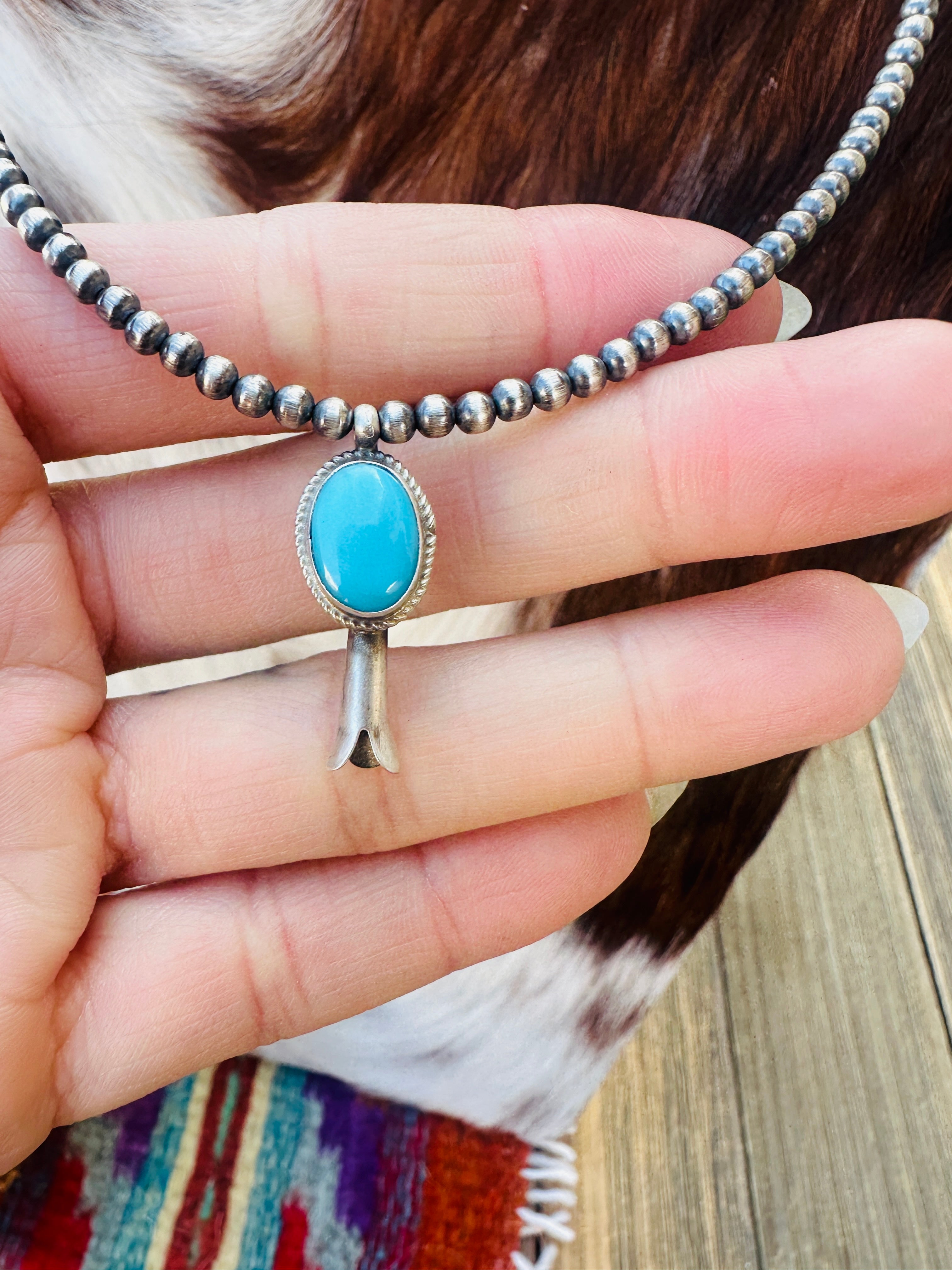 Handcrafted Turquoise & Sterling Silver Beaded Blossom Necklace