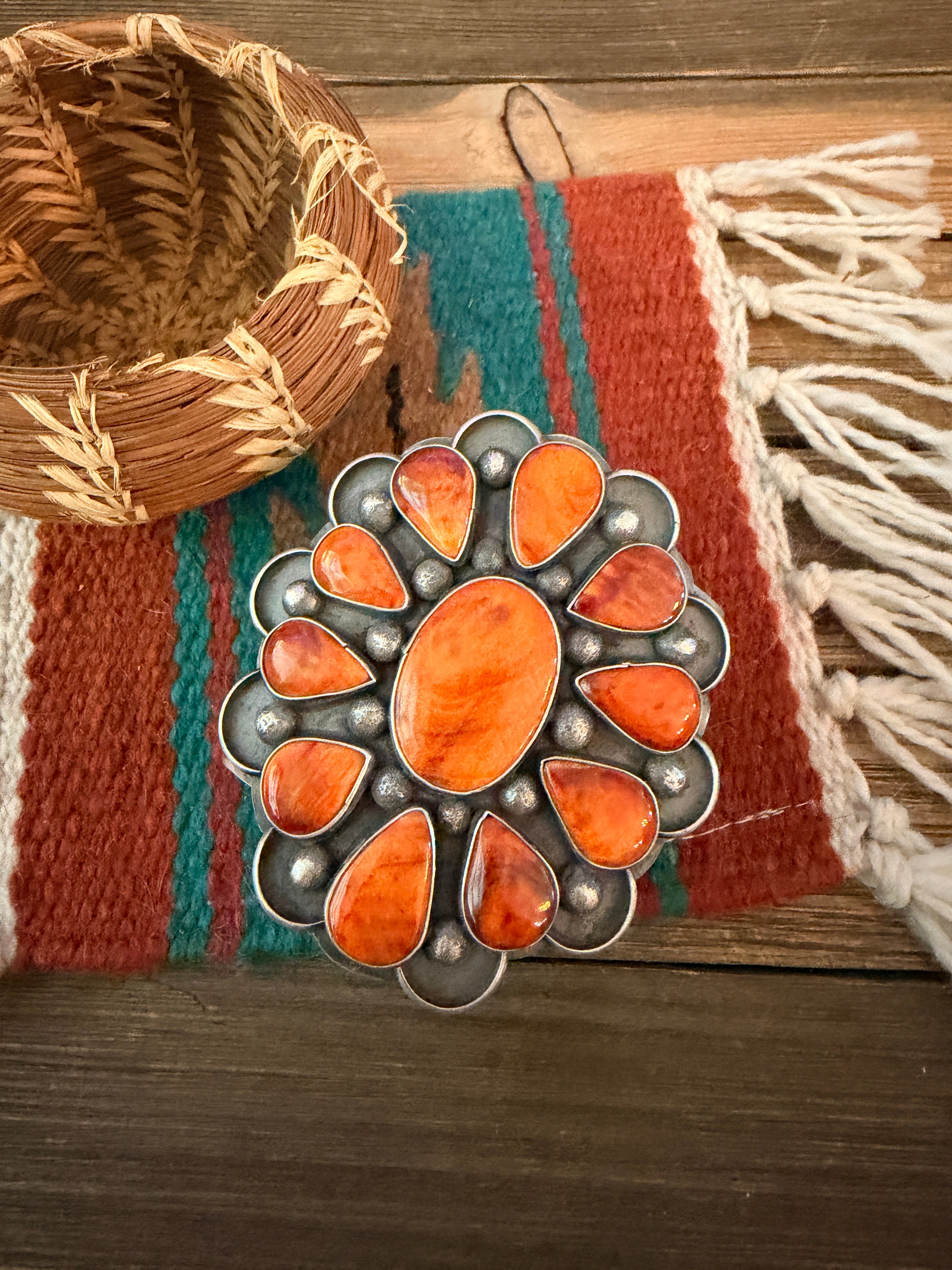 Handcrafted Orange Spiny & Sterling Silver Flower Cuff Bracelet by Chimney Butte