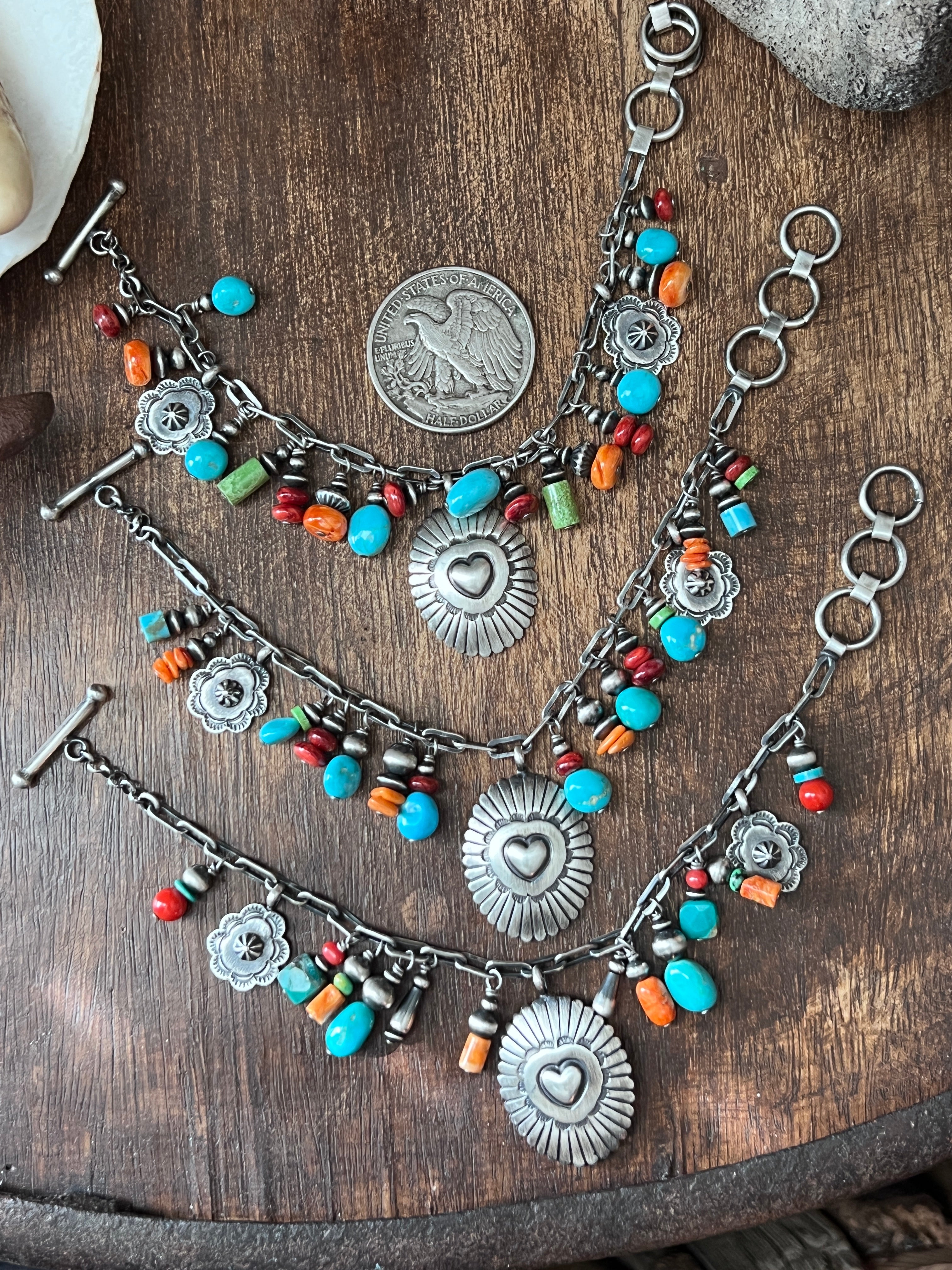 Raymond Coriz Handcrafted Sterling Silver Concho & Multistone Beaded Charm Bracelets