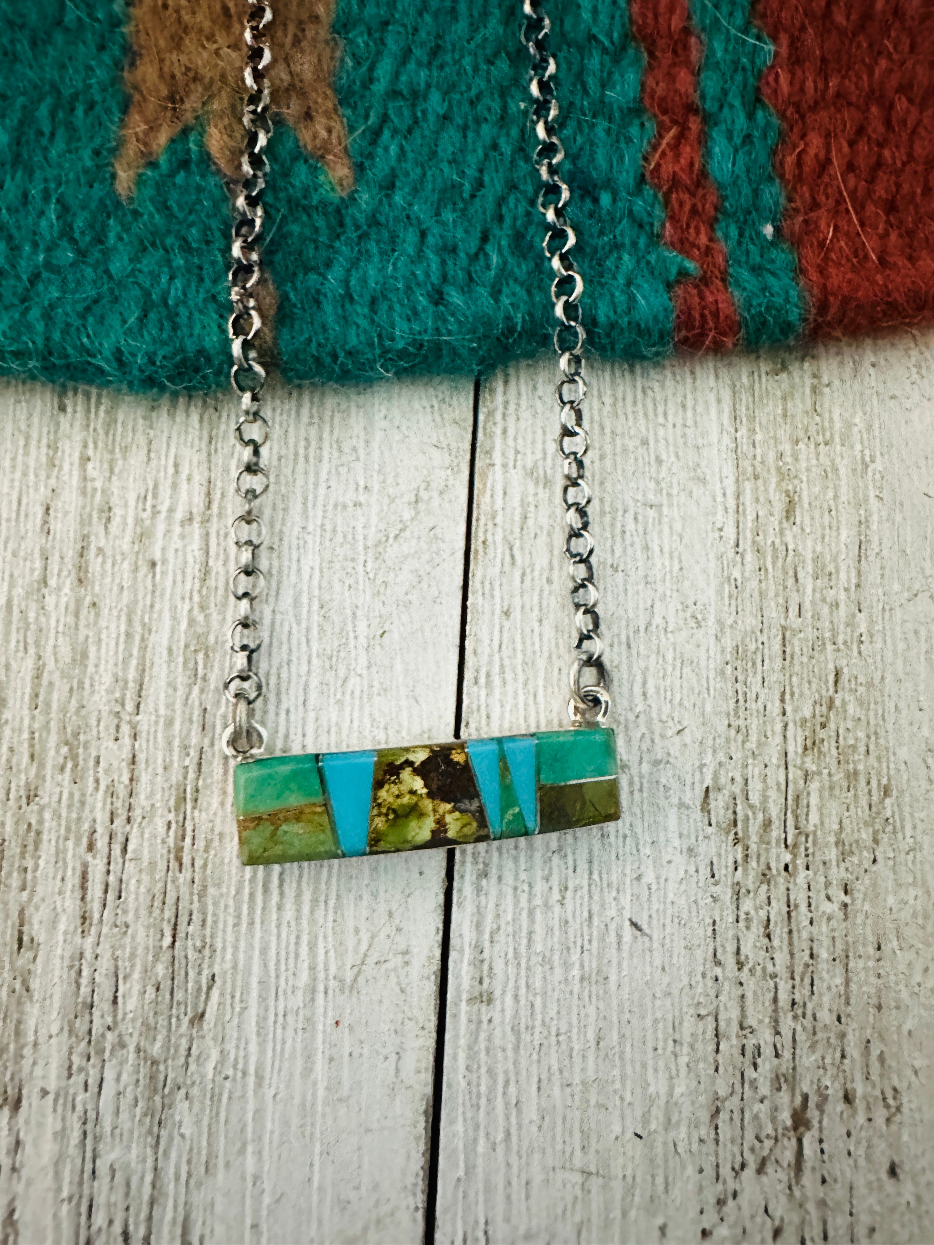 Navajo Multi Turquoise & Sterling Silver Inlay Bar Necklace