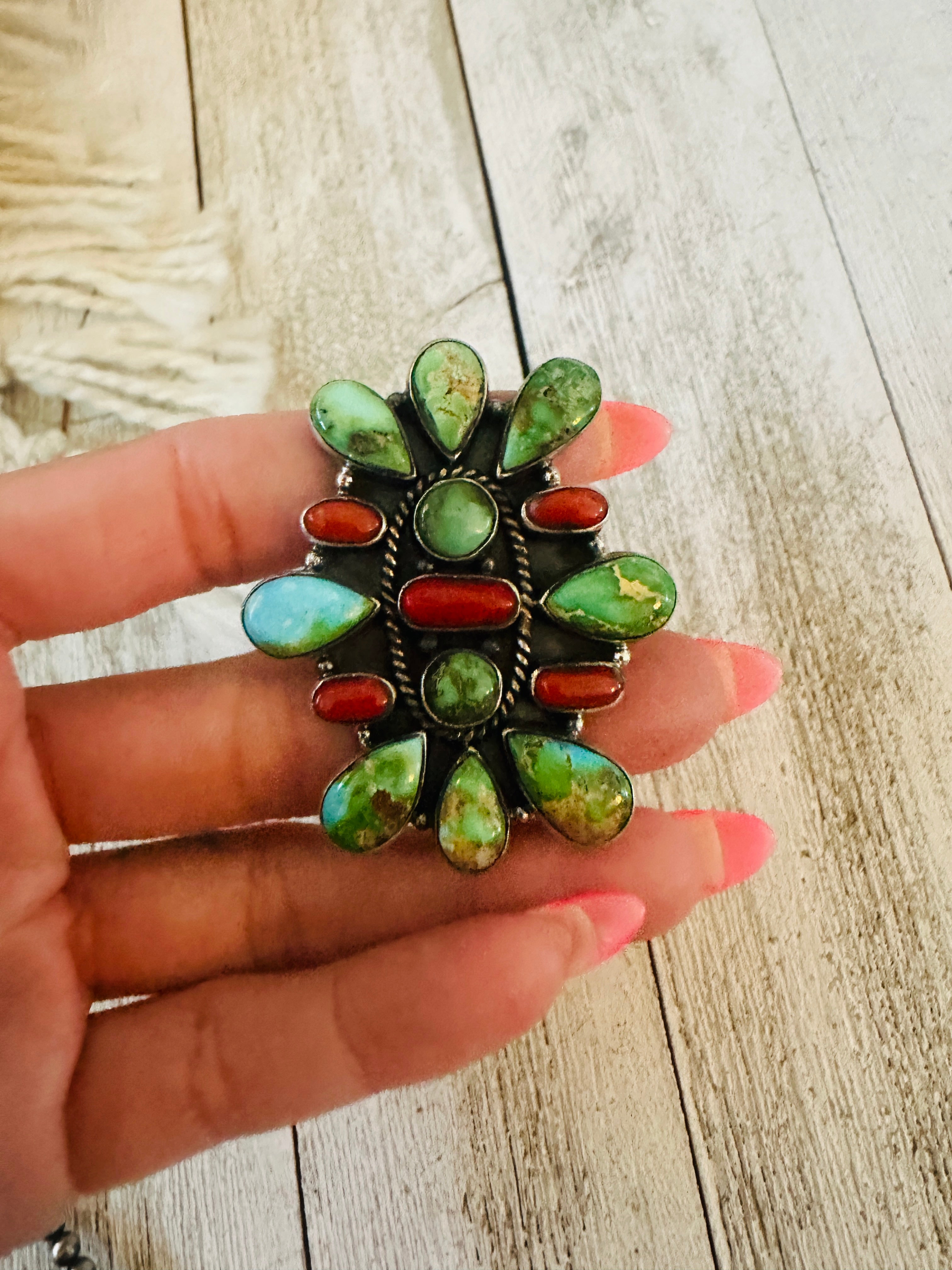 ** Christmas Collection ** Handmade Sterling Silver, Turquoise & Coral Adjustable Ring Signed Nizhoni