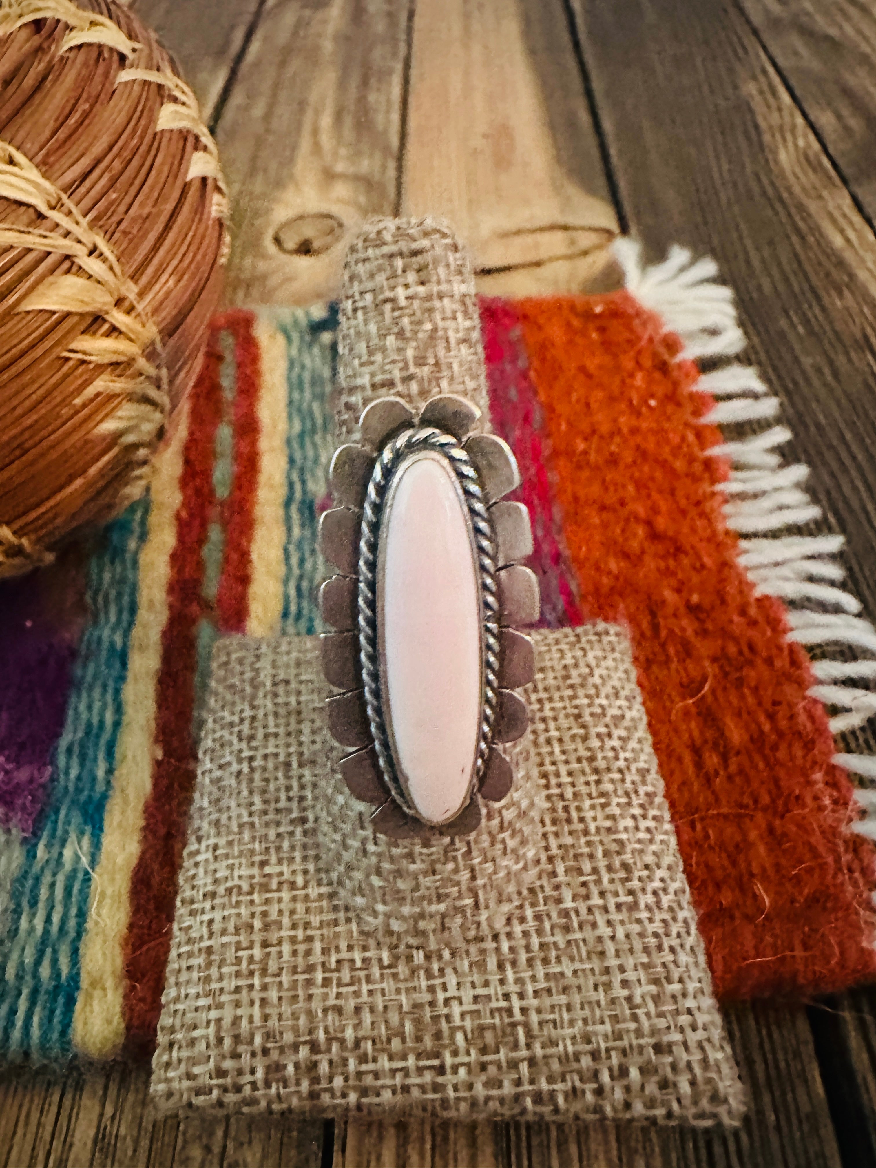 Handcrafted Queen Pink Conch & Sterling Silver Adjustable Ring