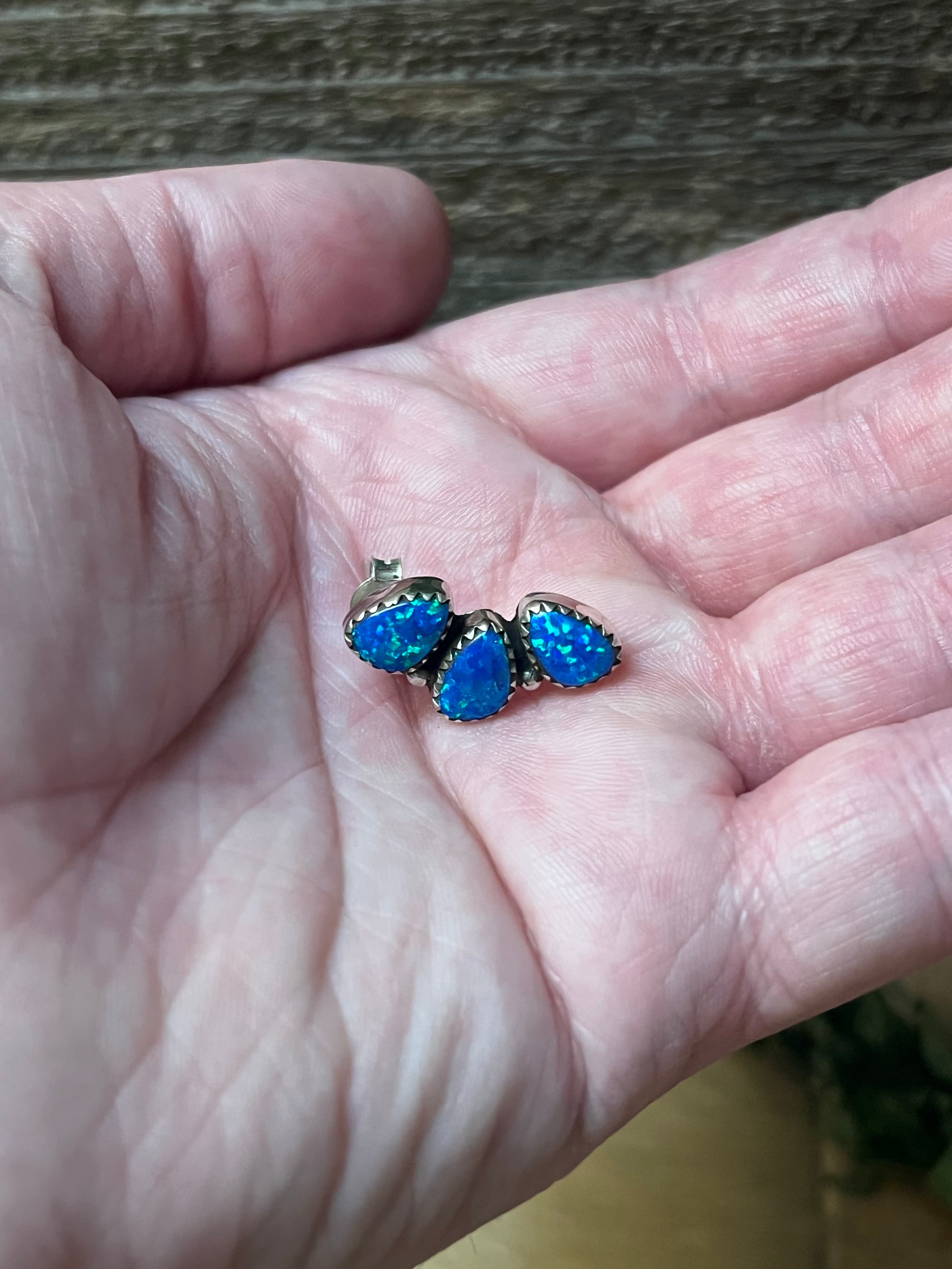 Handmade Blue Opal Tear Drop & Sterling Silver Stud Earrings