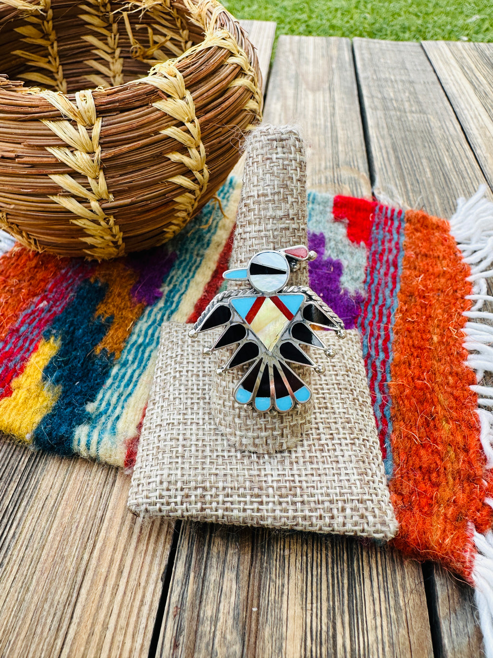 Old Pawn Handcrafted Multi Stone & Sterling Silver Thunderbird Ring Size 9.5