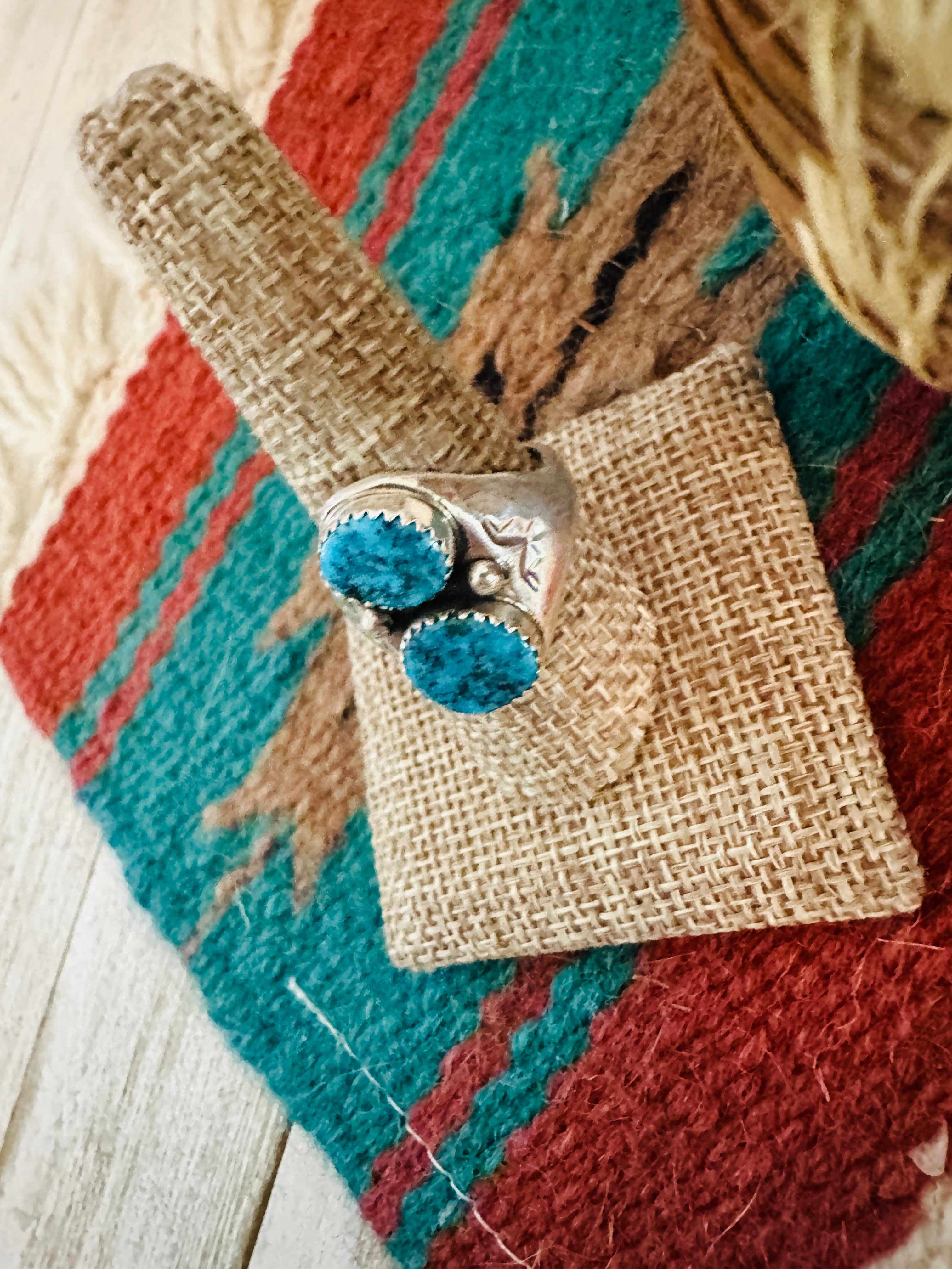 Handcrafted Turquoise & Sterling Silver Cigar Band Ring Size 10