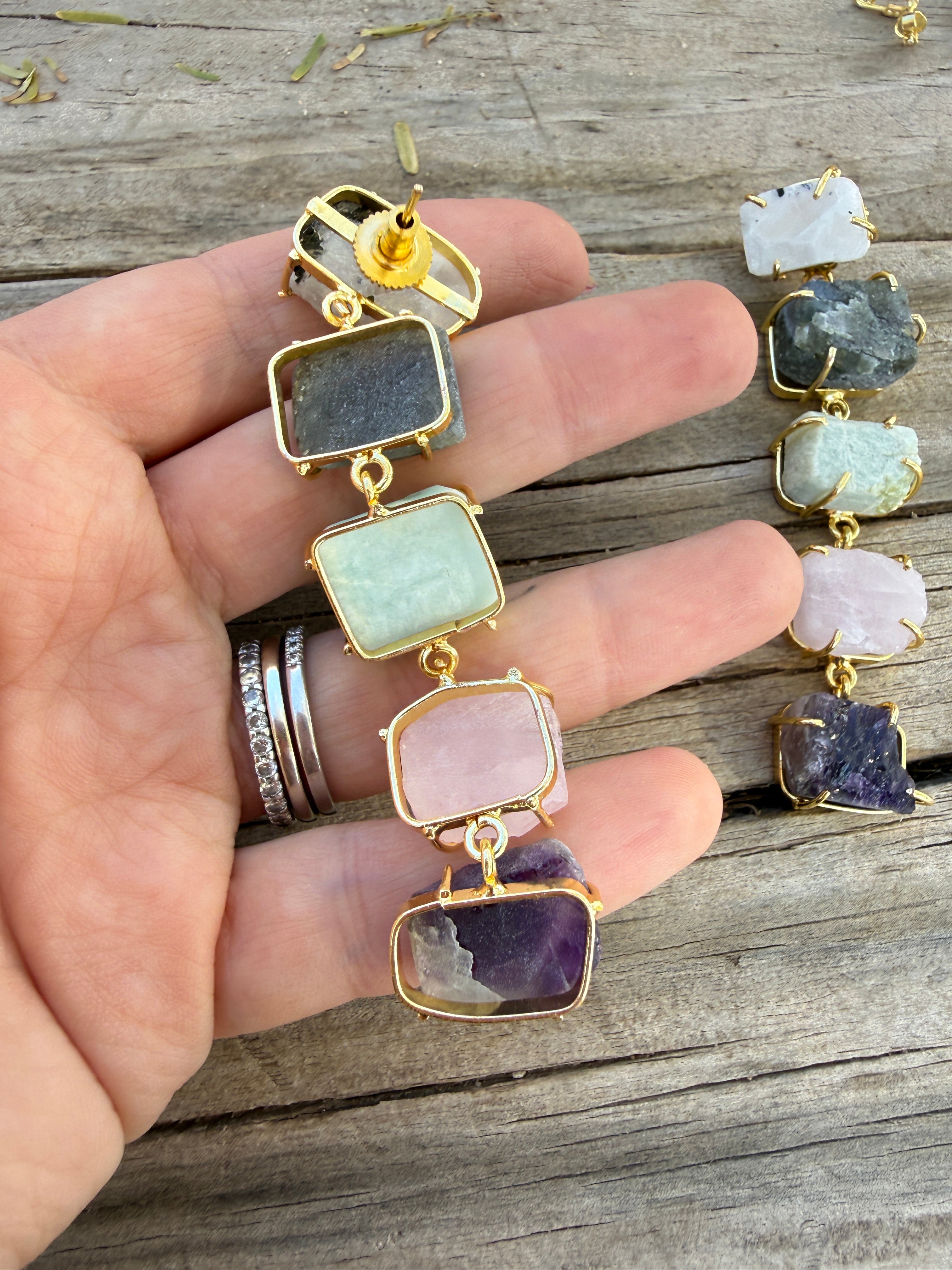 “The Golden Collection” Moonlight Harmony Handmade Gold Plated Gemstone Dangle Earrings style 3