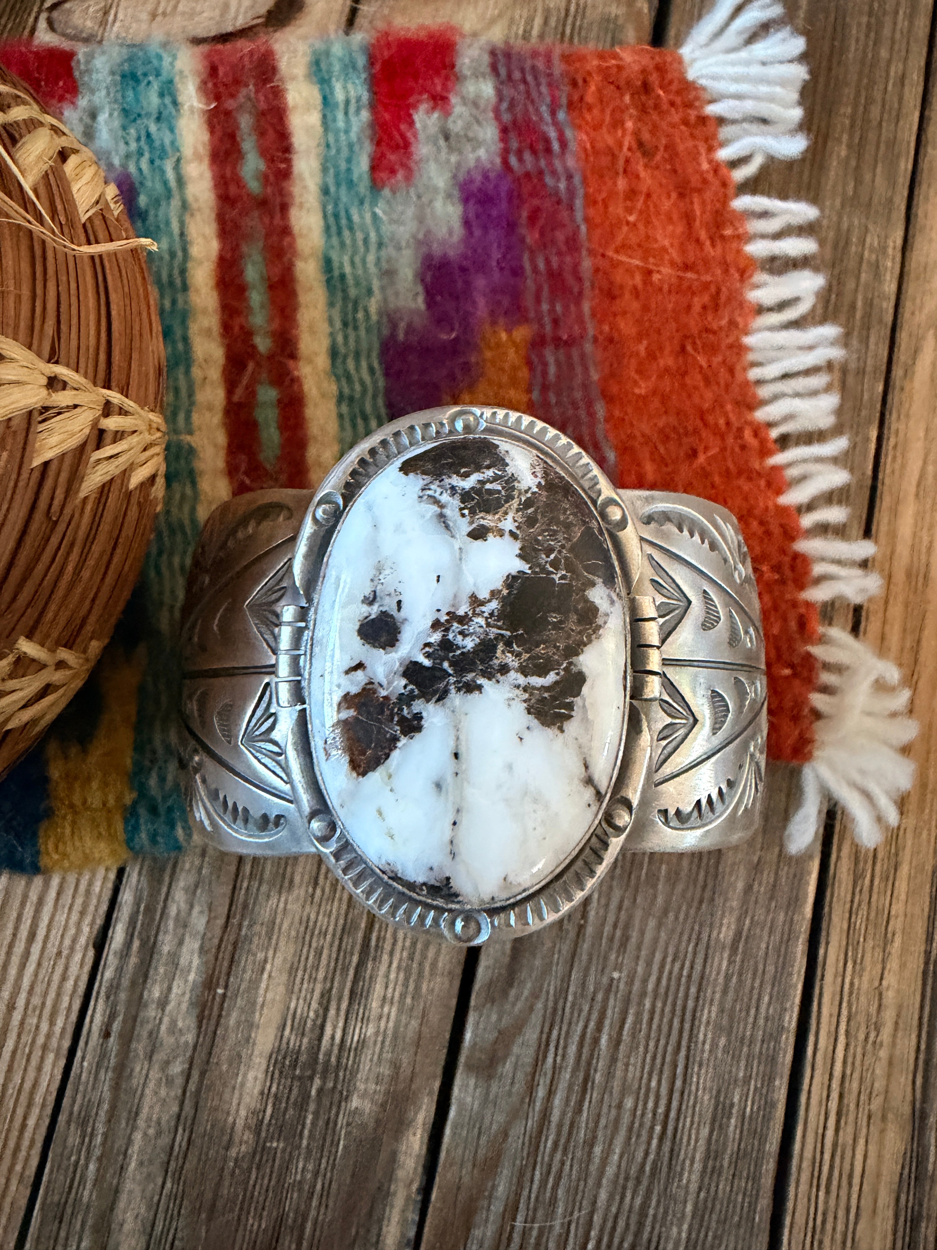 Handcrafted White Buffalo & Sterling Silver Cuff Bracelet by Delbert Secatero