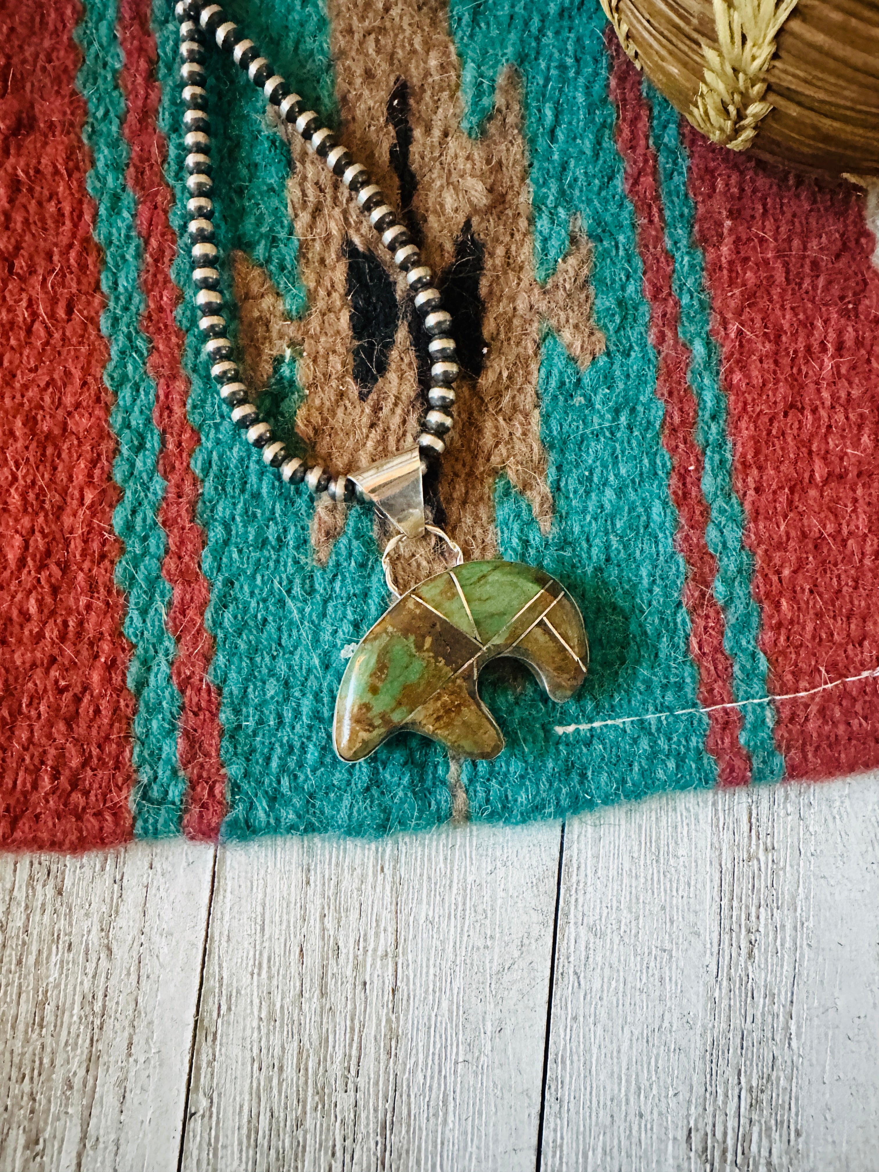 Navajo Turquoise & Sterling Silver Inlay Fetish Bear Pendant