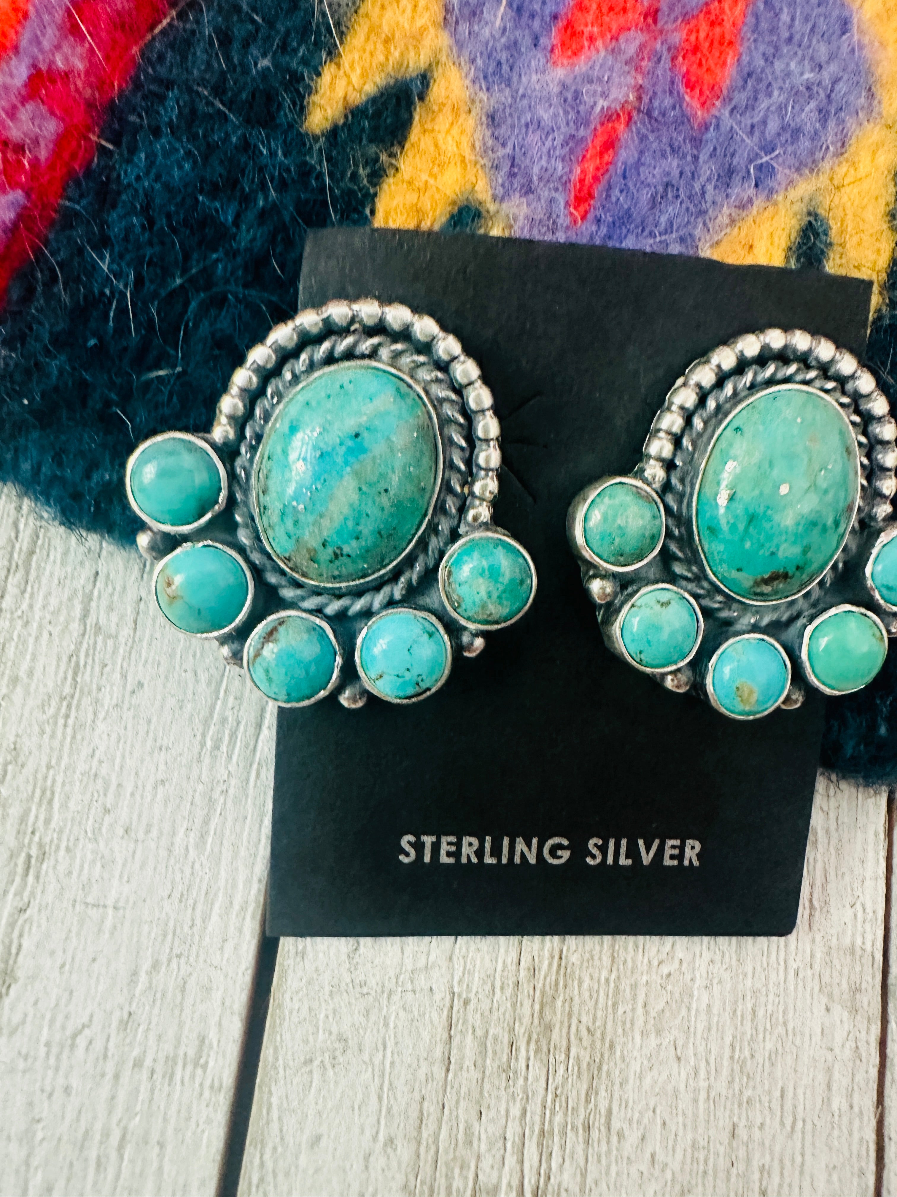 Navajo Sterling Silver & Kingman Turquoise Cluster Post Earrings