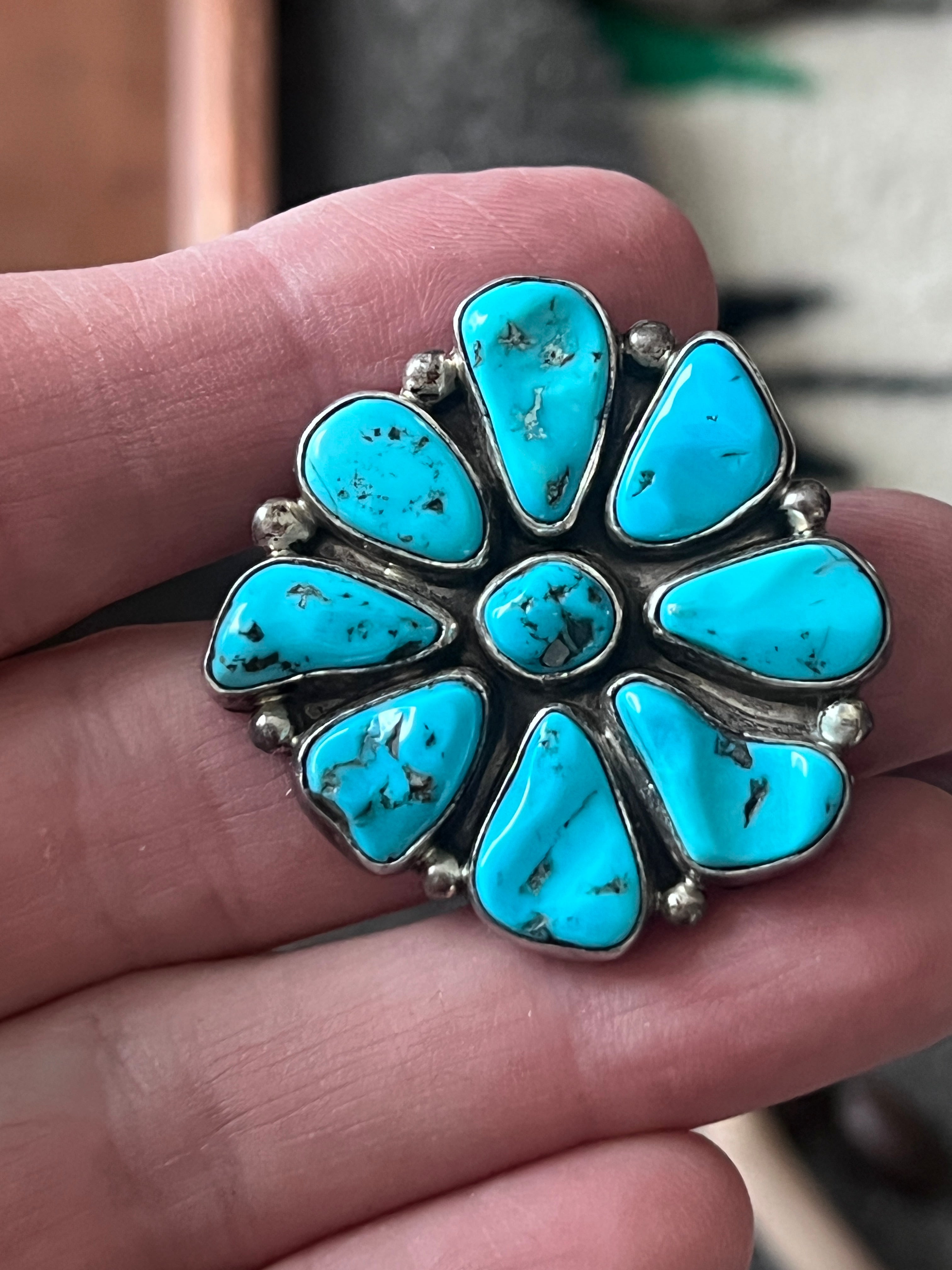 Estate Collection Sterling Silver and Sleeping Beauty Turquoise Cluster Brooch/Pendant Signed Garcia