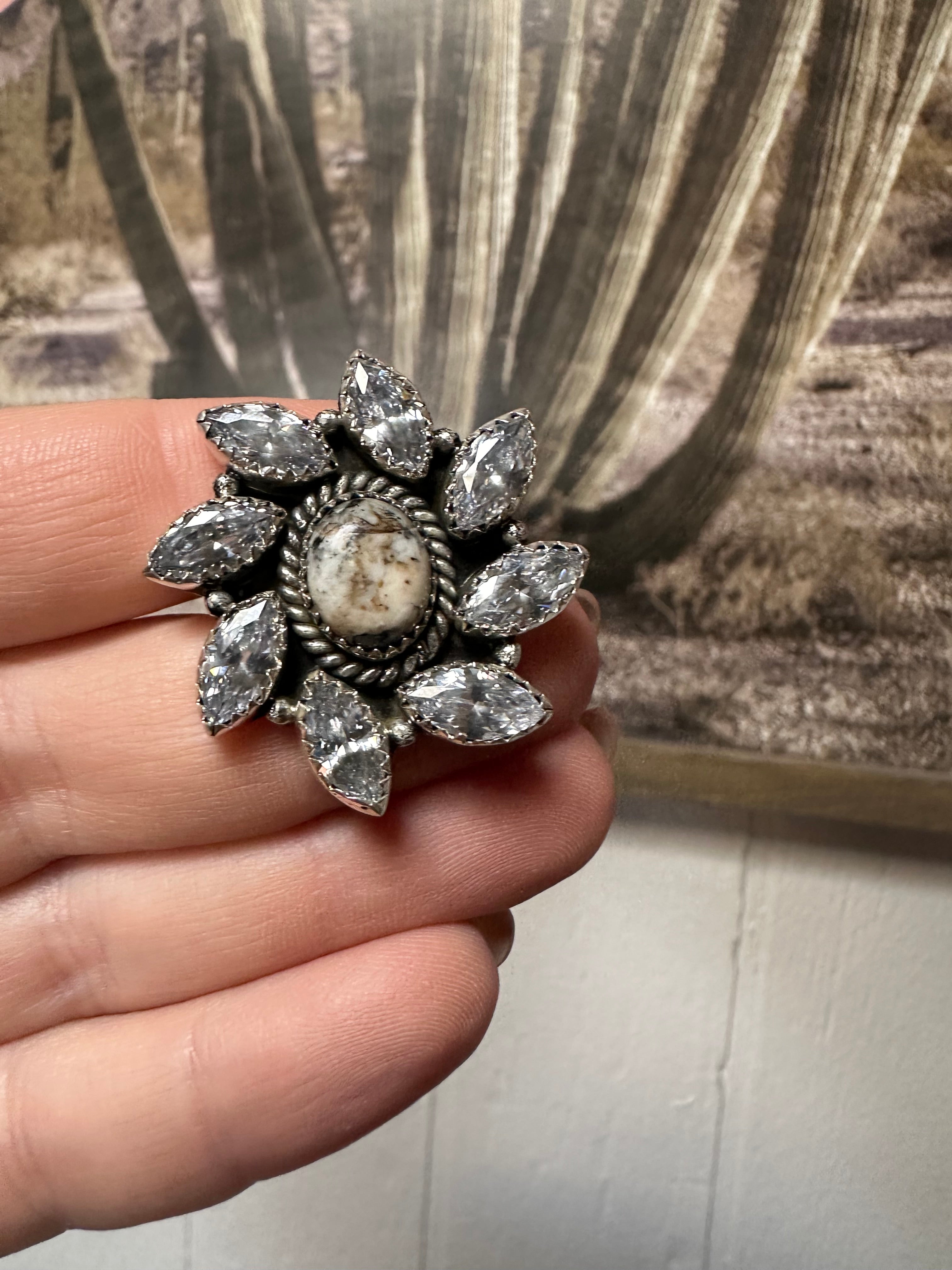 Beautiful Handmade White Buffalo, CZ And Sterling Silver Adjustable Ring