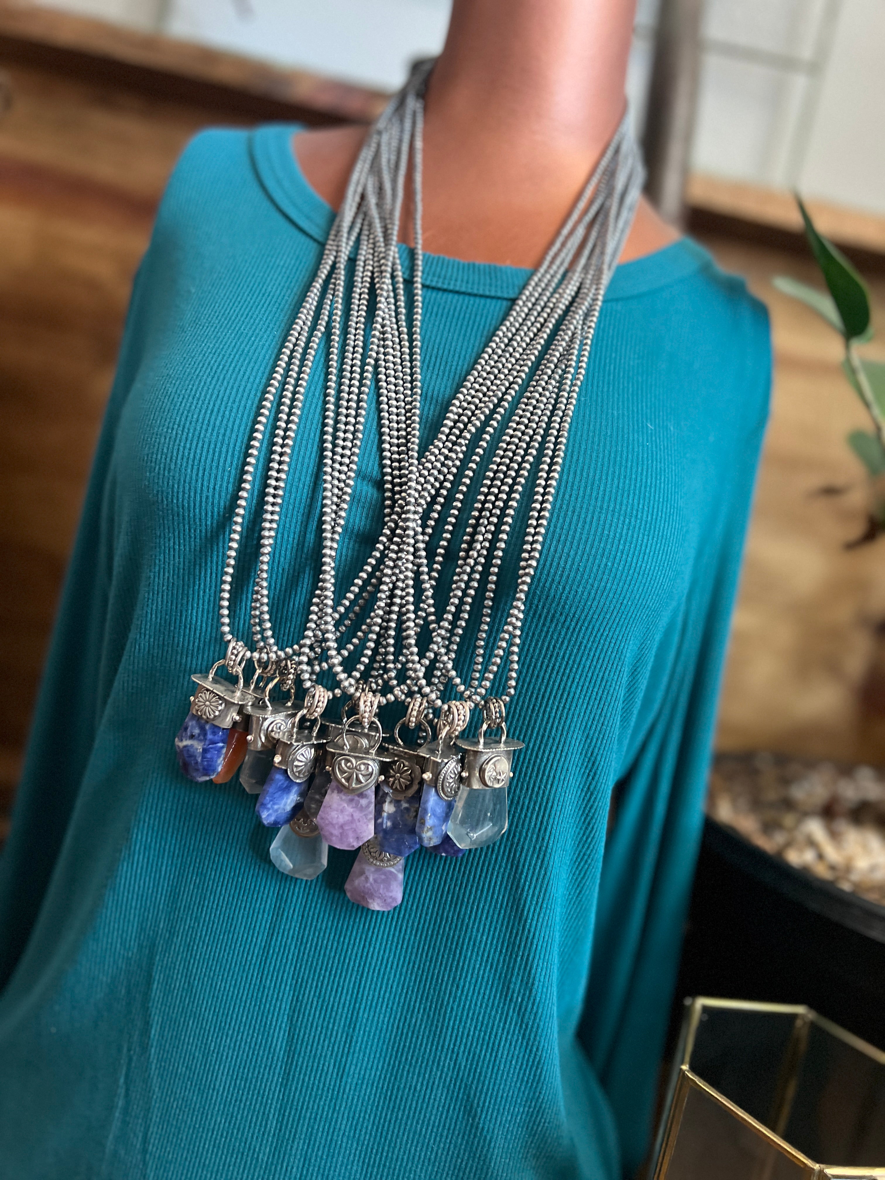 Sterling Silver Gem Collector 30” + 2” Beaded Necklace w/ Tularosa Quartz & Heart Pendant