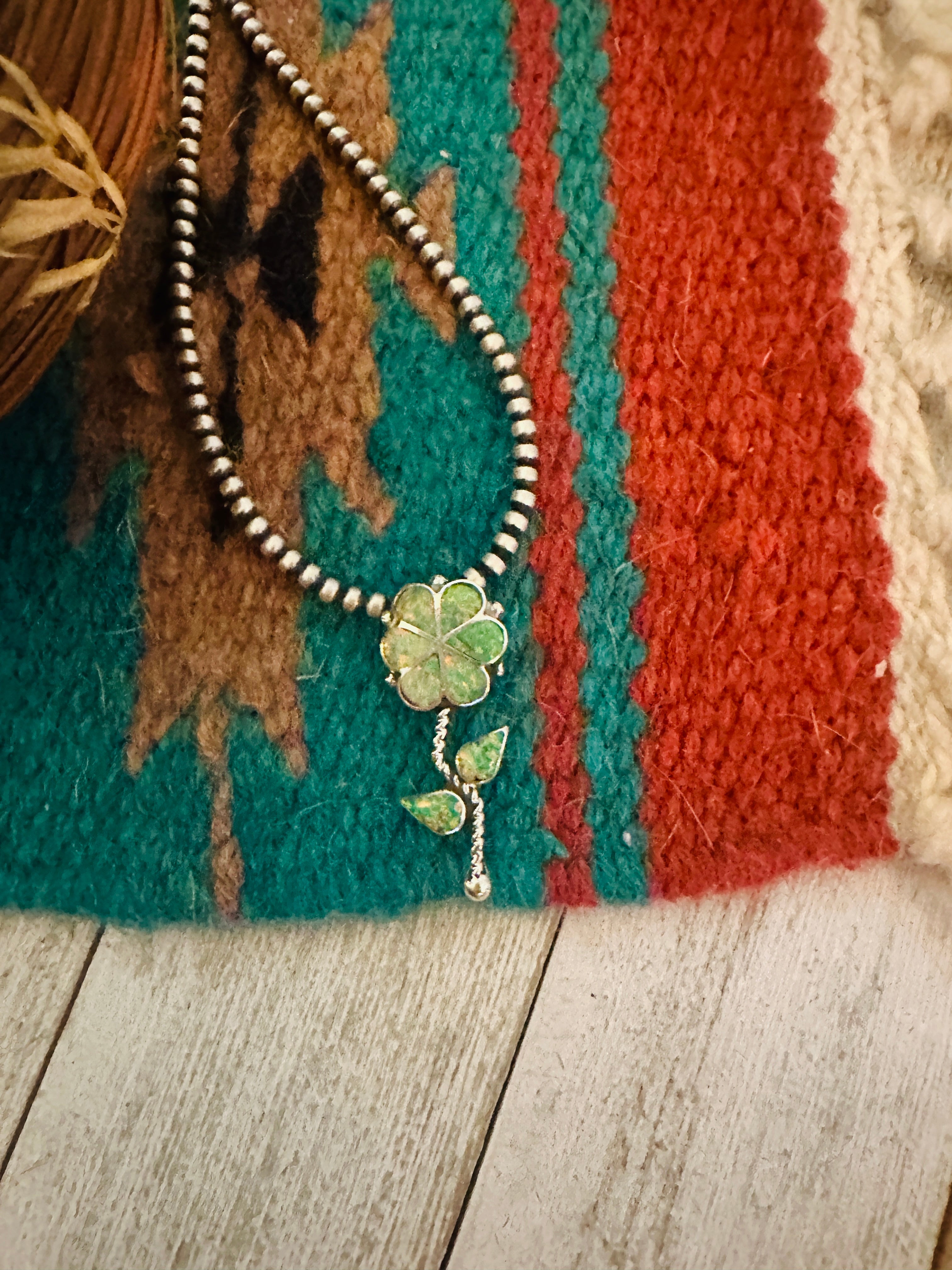 Zuni Green Opal & Sterling Silver Inlay Flower Pendant