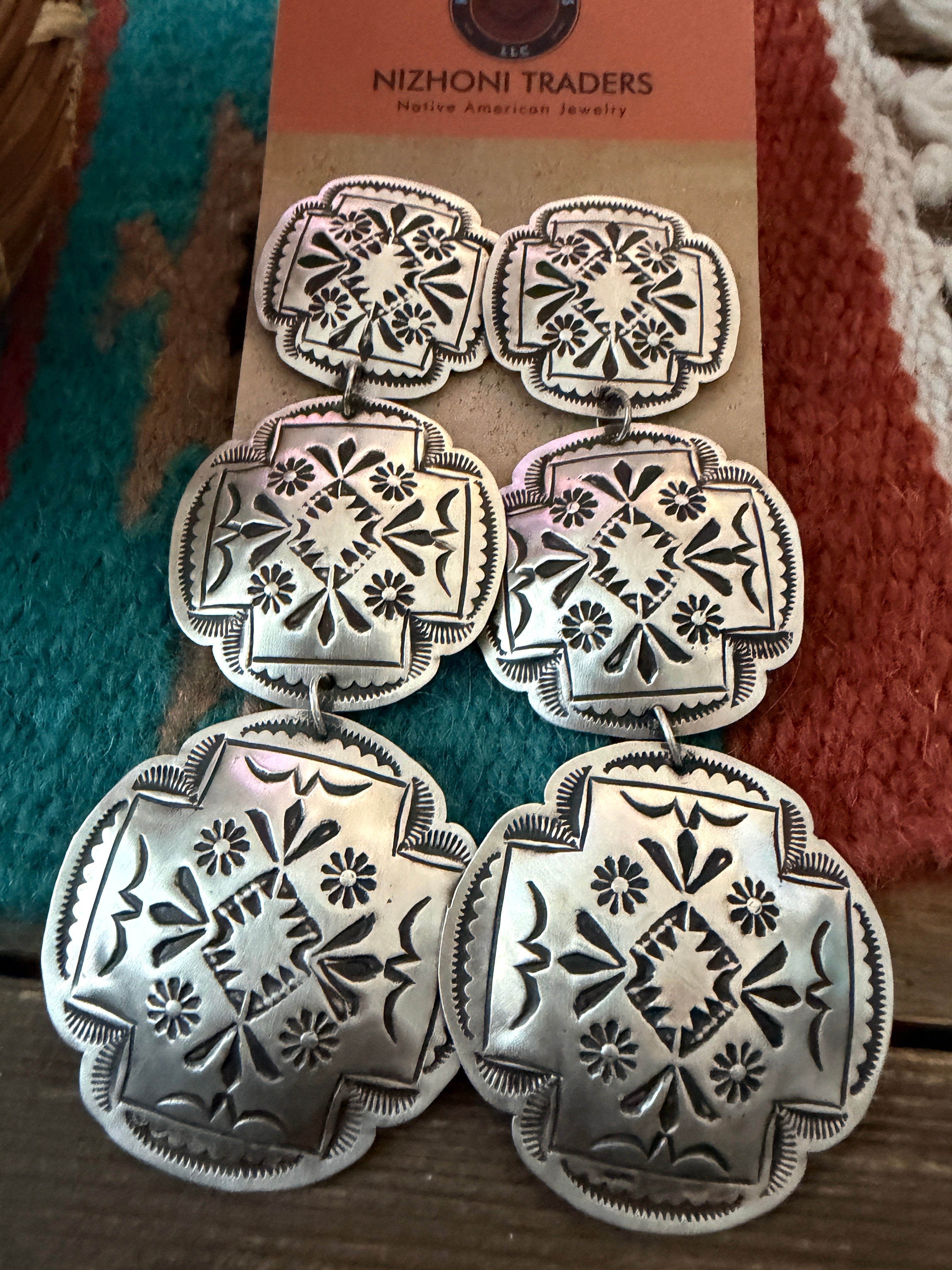 Handcrafted Sterling Silver Concho Dangle Earrings by Leander Tahe